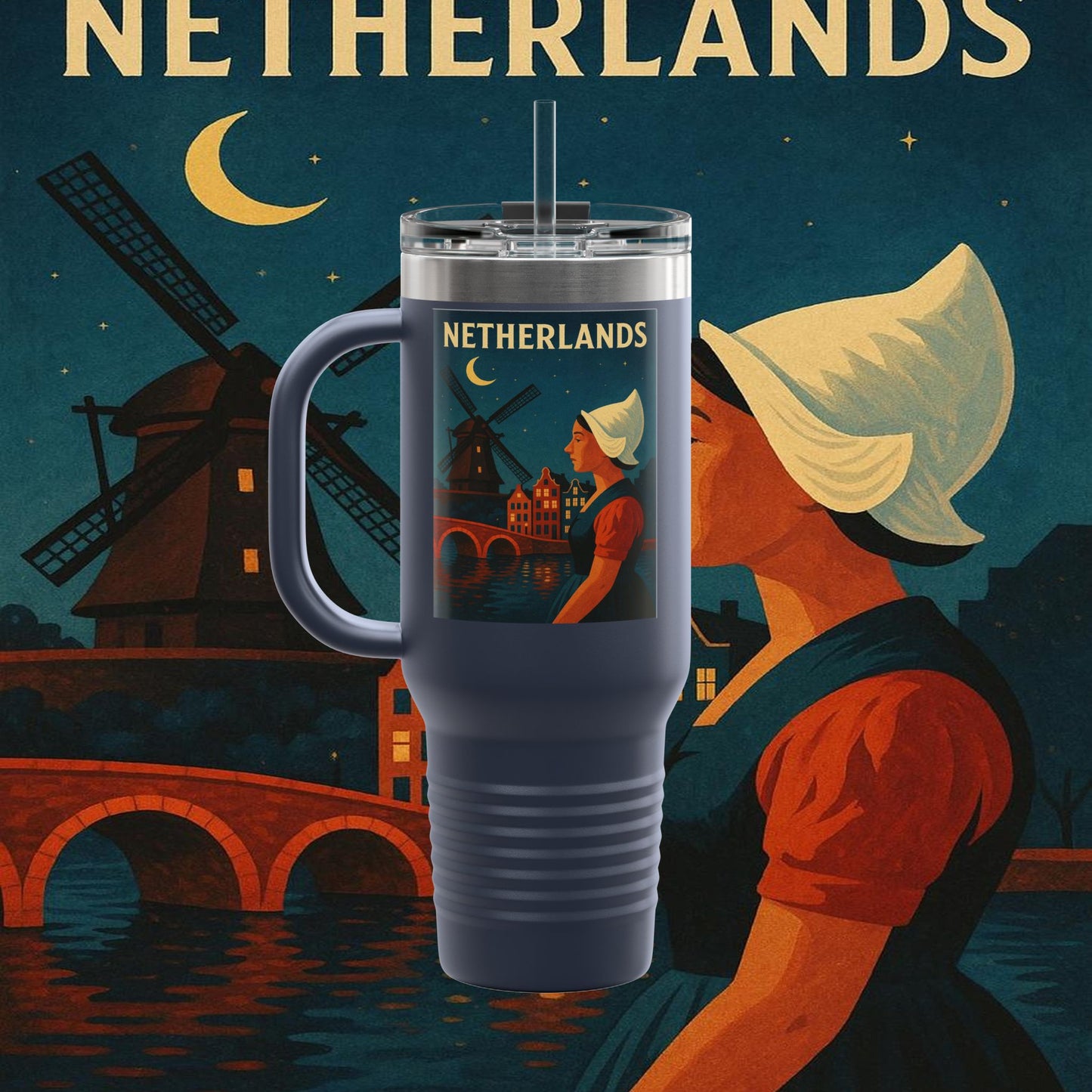 "Netherlands Insulated Travel Mug✨ – Land of tulips, windmills, and magical canals"