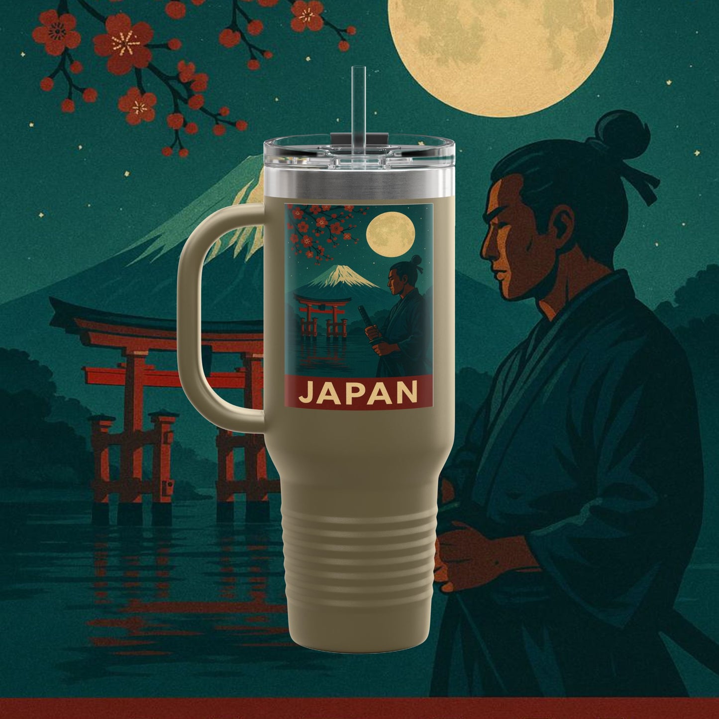 "Japan Insulated Travel Mug: Tradition among Cherry Blossoms and Mountains 🌸⛩️🗻"