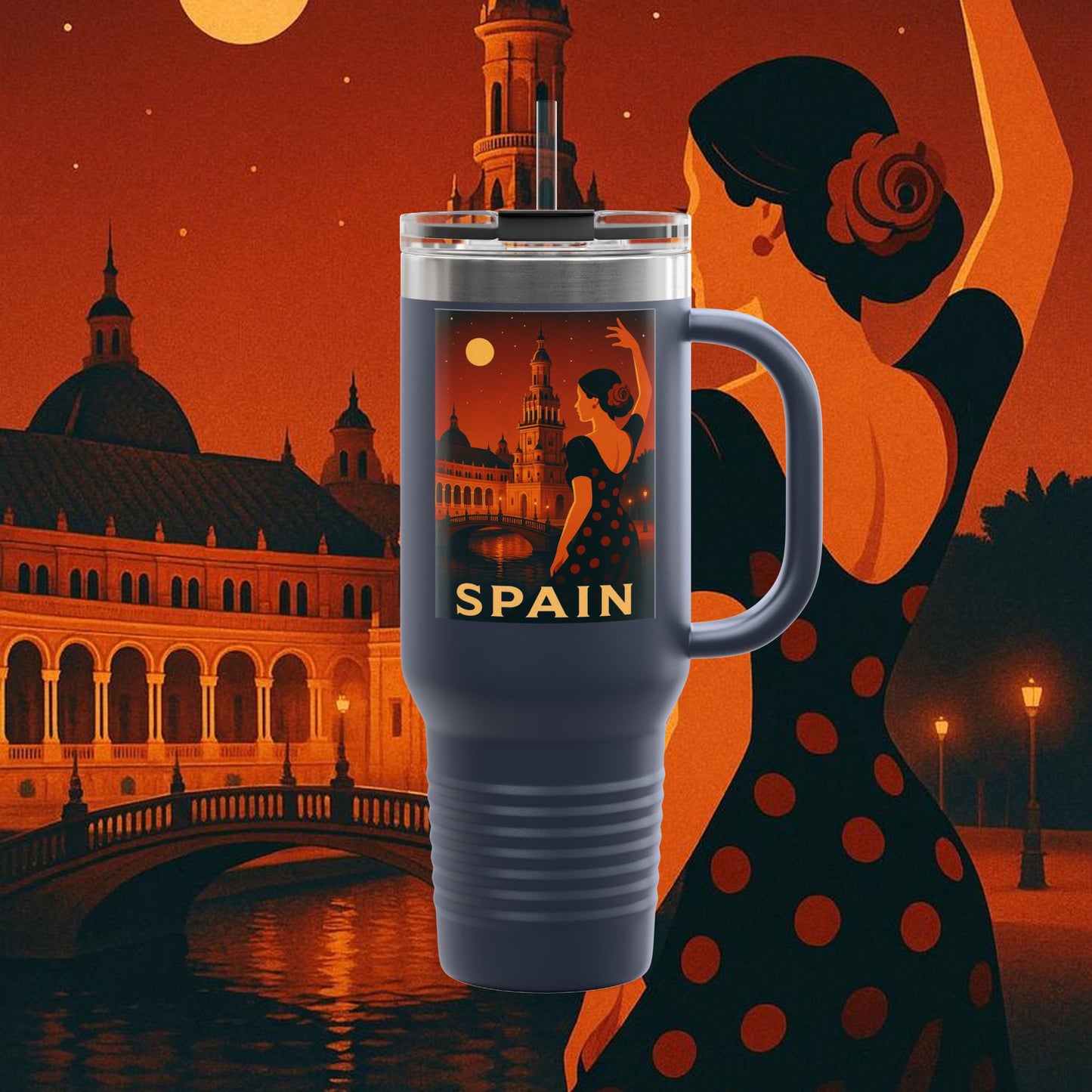 "Spain Insulated Travel Mug: Passion, Art, and Flavors that Make You Fall in Love 🎨💃🍷"