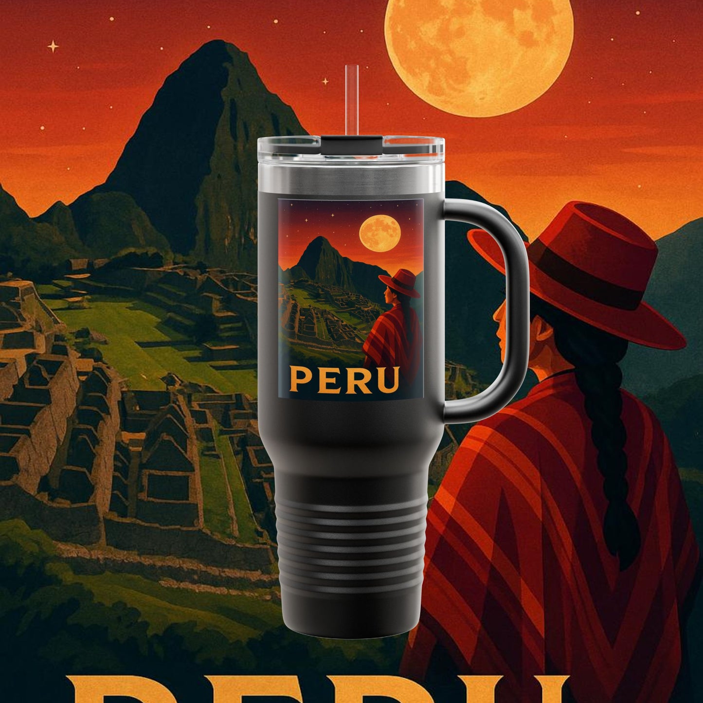 "Peru Insulated Travel Mug: Mysticism, History, and Eternal Wonders 🏔️🦙🛕"