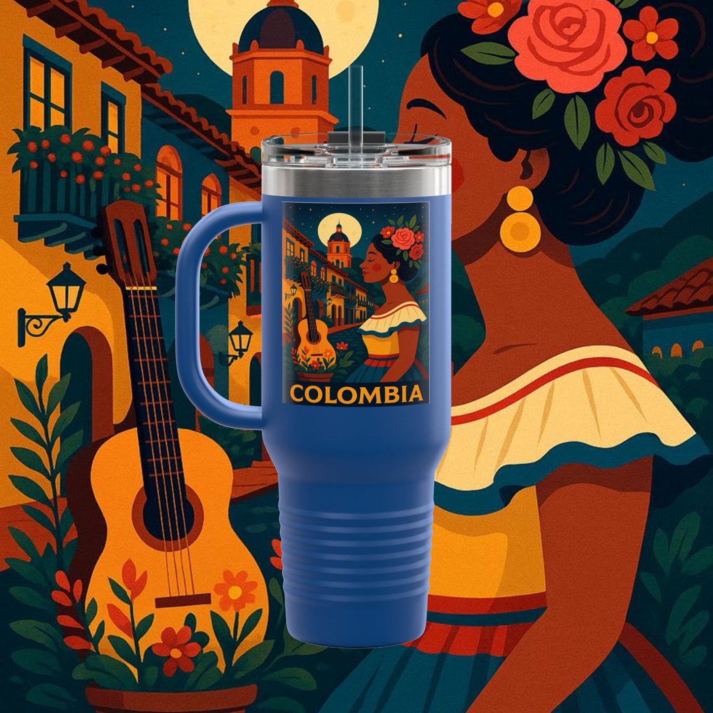 "taza de Viaje Aislada Colombia: Magia de Colores, Café y Tradición ☕🎨🌄"