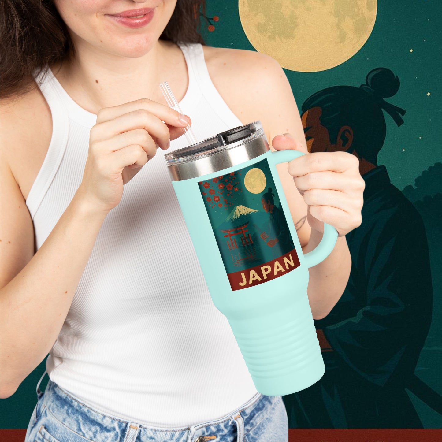 "Japan Insulated Travel Mug: Tradition among Cherry Blossoms and Mountains 🌸⛩️🗻"