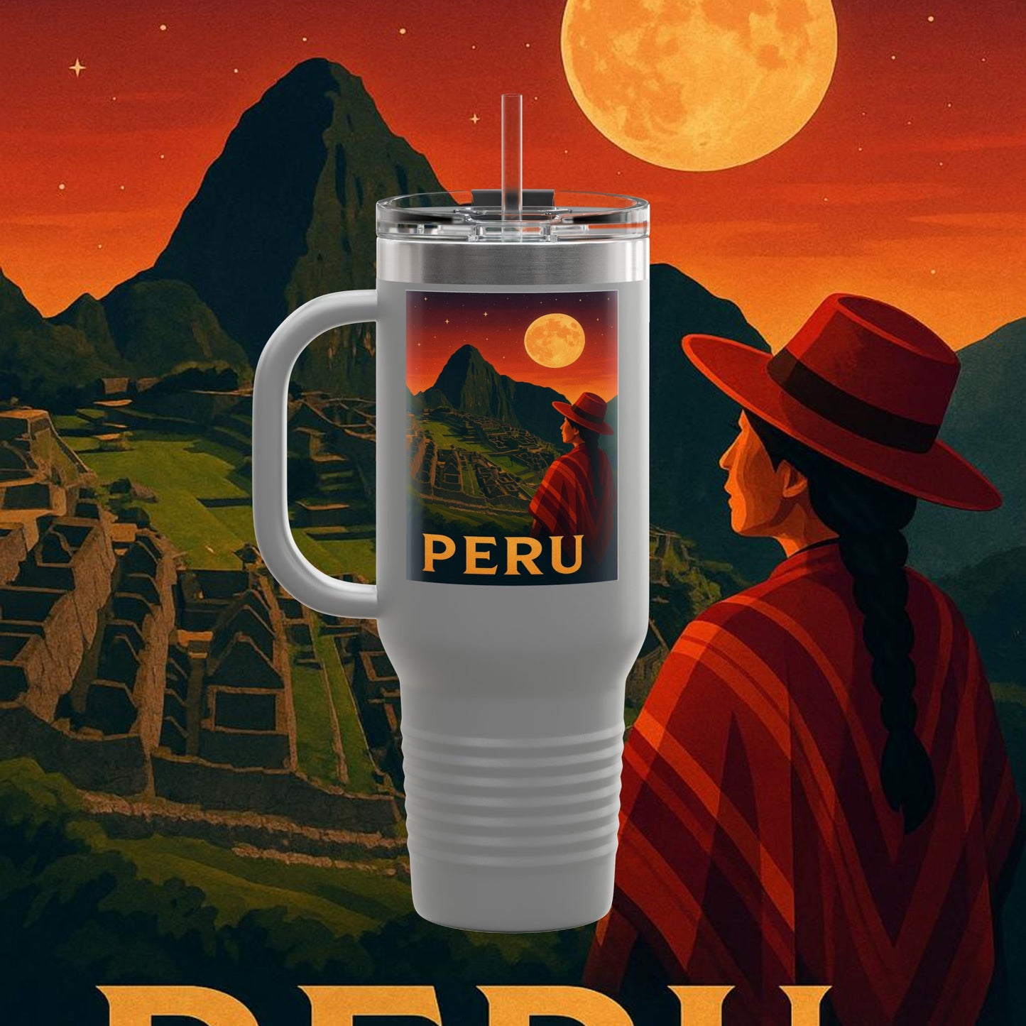 "Peru Insulated Travel Mug: Mysticism, History, and Eternal Wonders 🏔️🦙🛕"