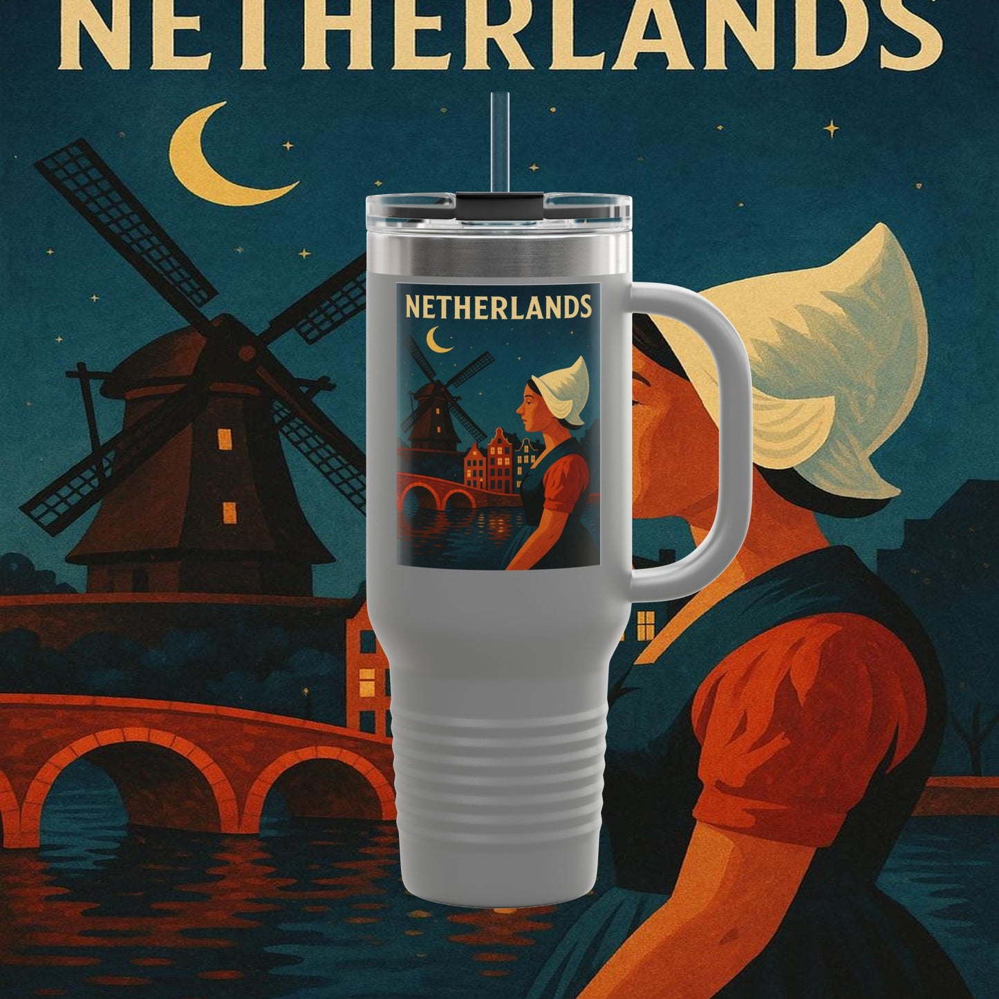 "Netherlands Insulated Travel Mug✨ – Land of tulips, windmills, and magical canals"