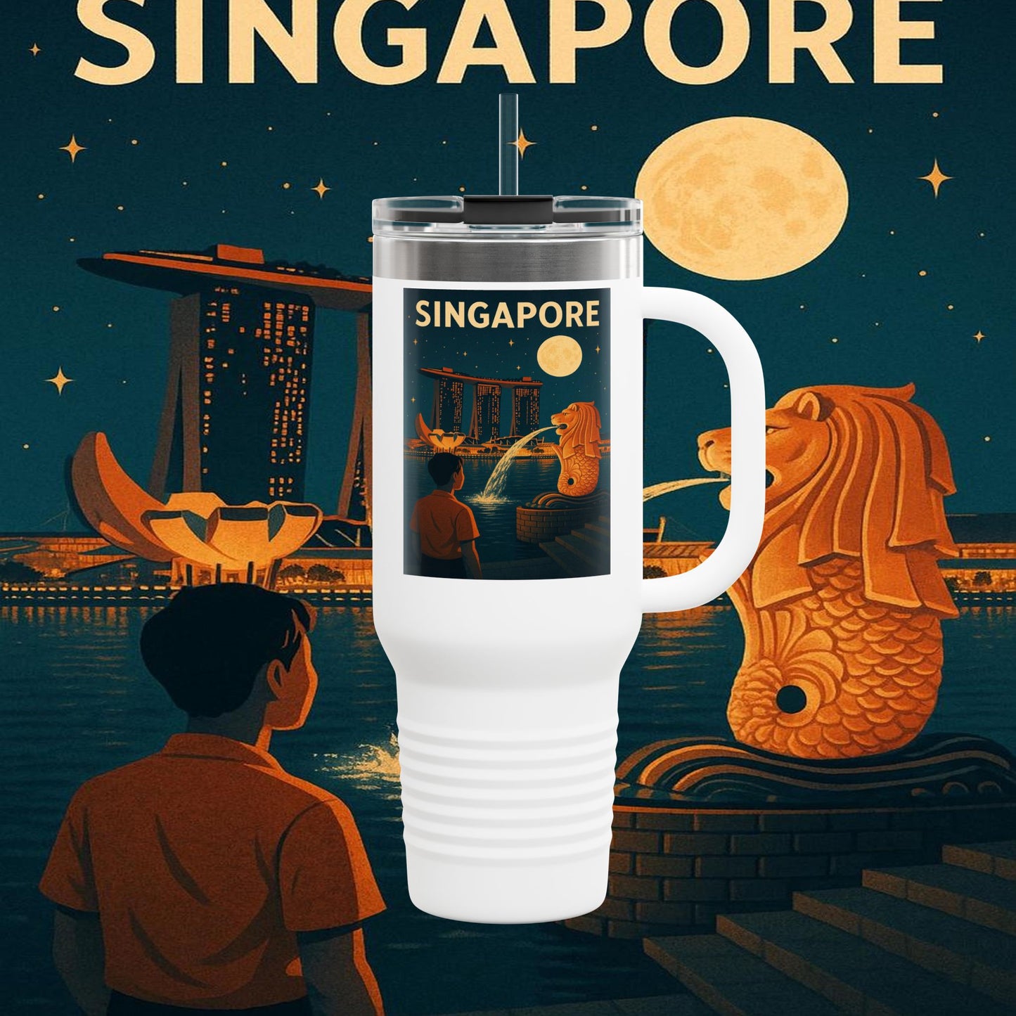 "Singapore Insulated Travel Mug 🌆 – Future, culture, and nature in one place"