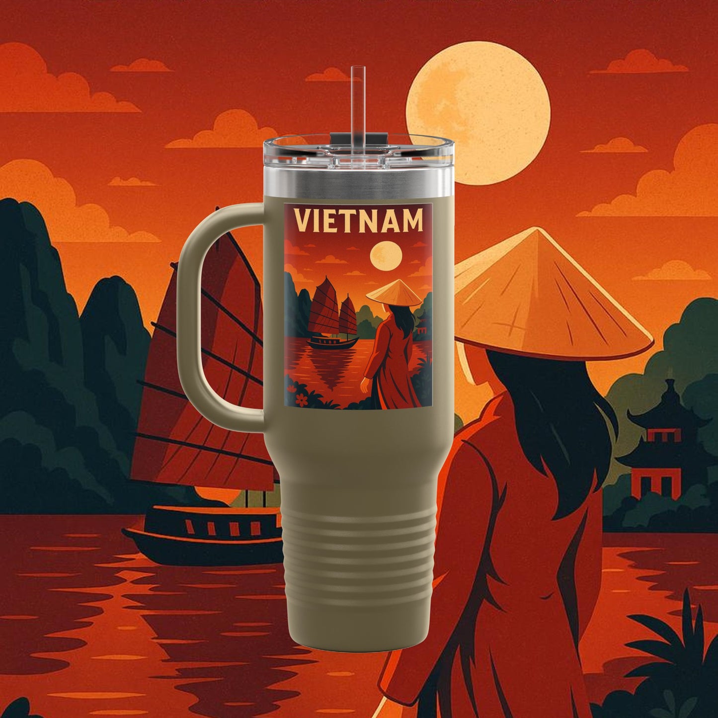 "Vietnam Insulated Travel Mug: Tradition, Nature, and Ancestral Legends 🎋🏯🐉"