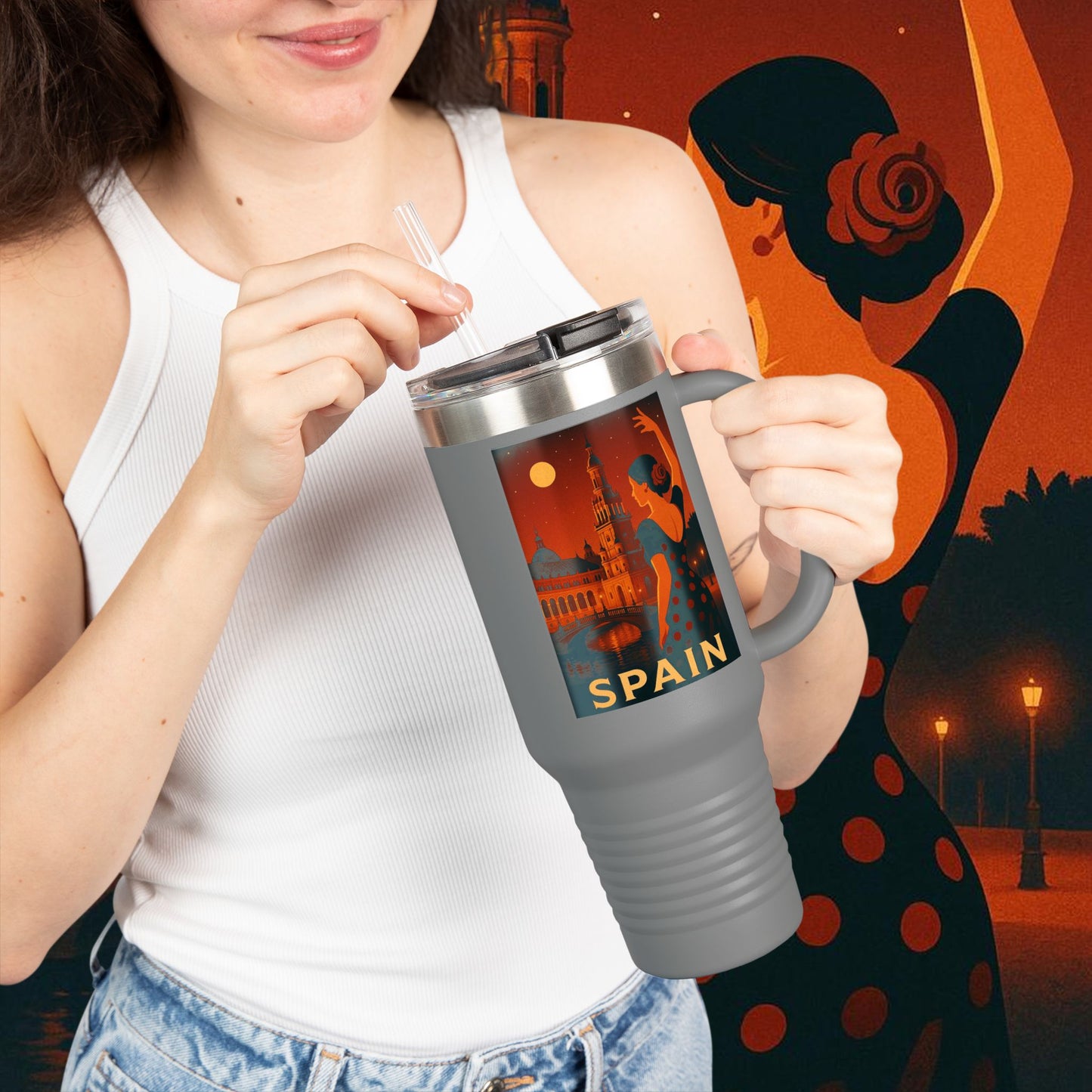 "Spain Insulated Travel Mug: Passion, Art, and Flavors that Make You Fall in Love 🎨💃🍷"