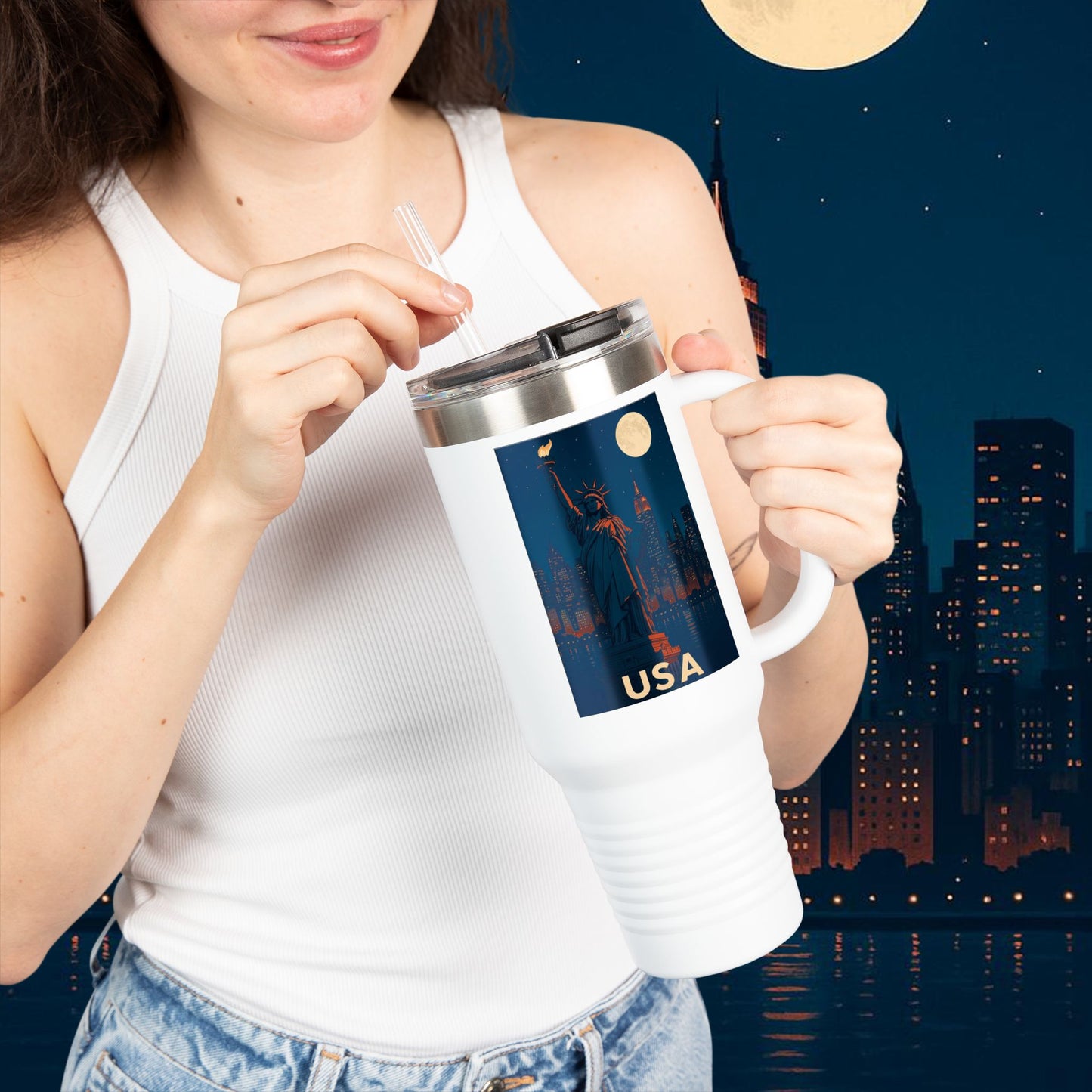 "taza de Viaje Aislada Estados Unidos: Sueños, Libertad y Grandes Horizontes 🗽🏜️🌆"