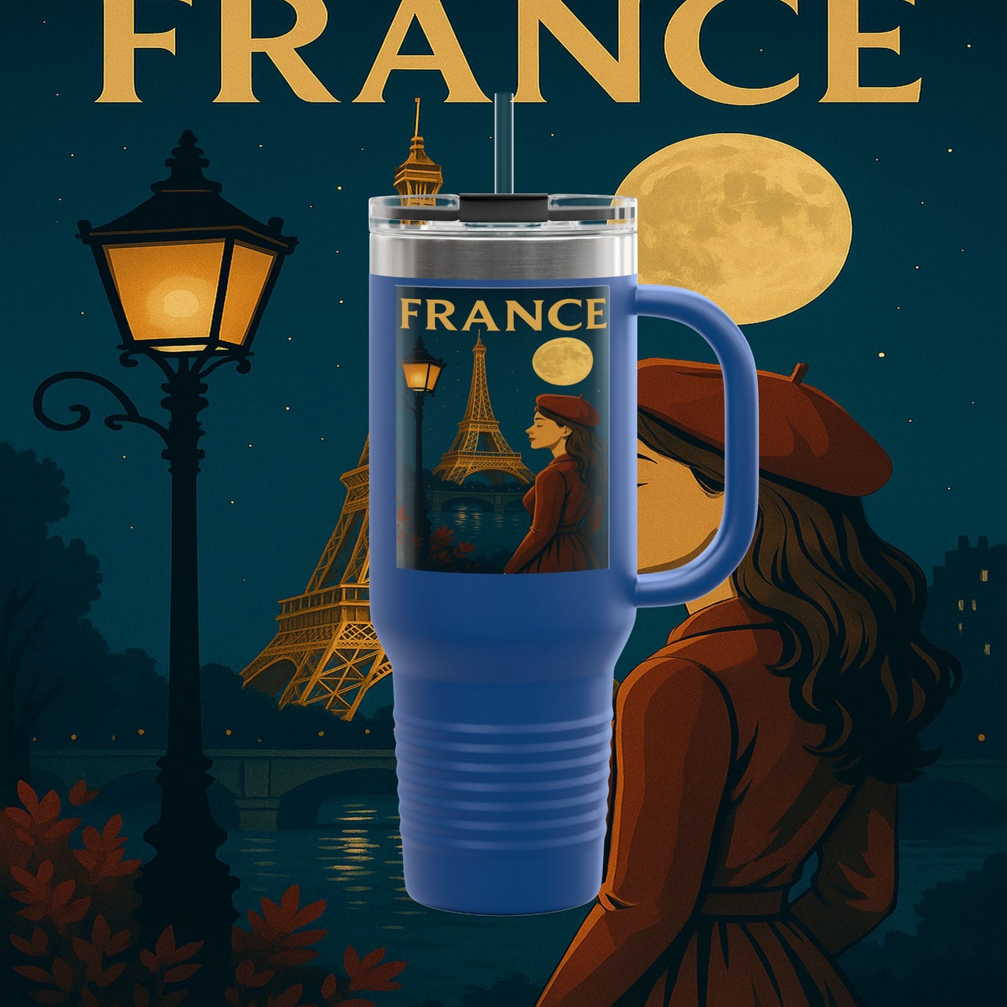 "France Insulated Travel Mug: Moonlit Romance 🌙🗼✨"
