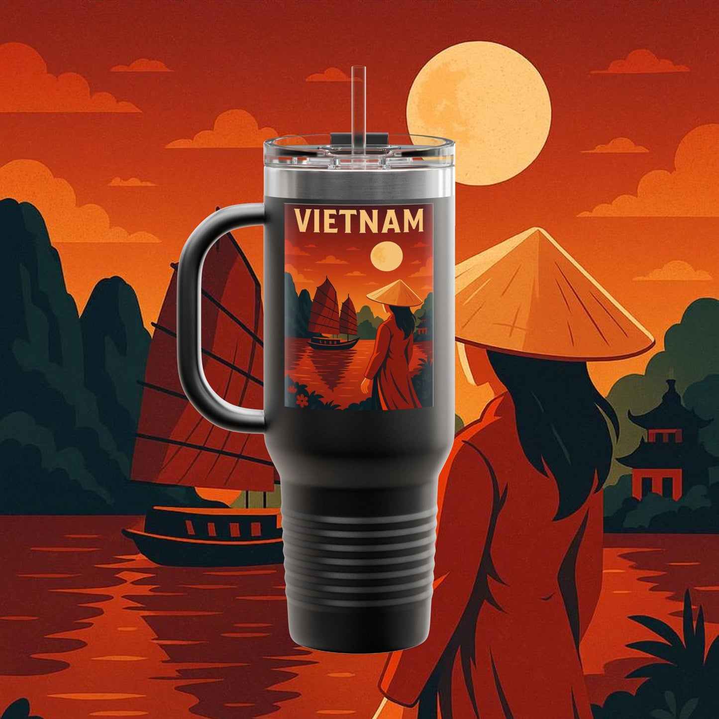 "Vietnam Insulated Travel Mug: Tradition, Nature, and Ancestral Legends 🎋🏯🐉"