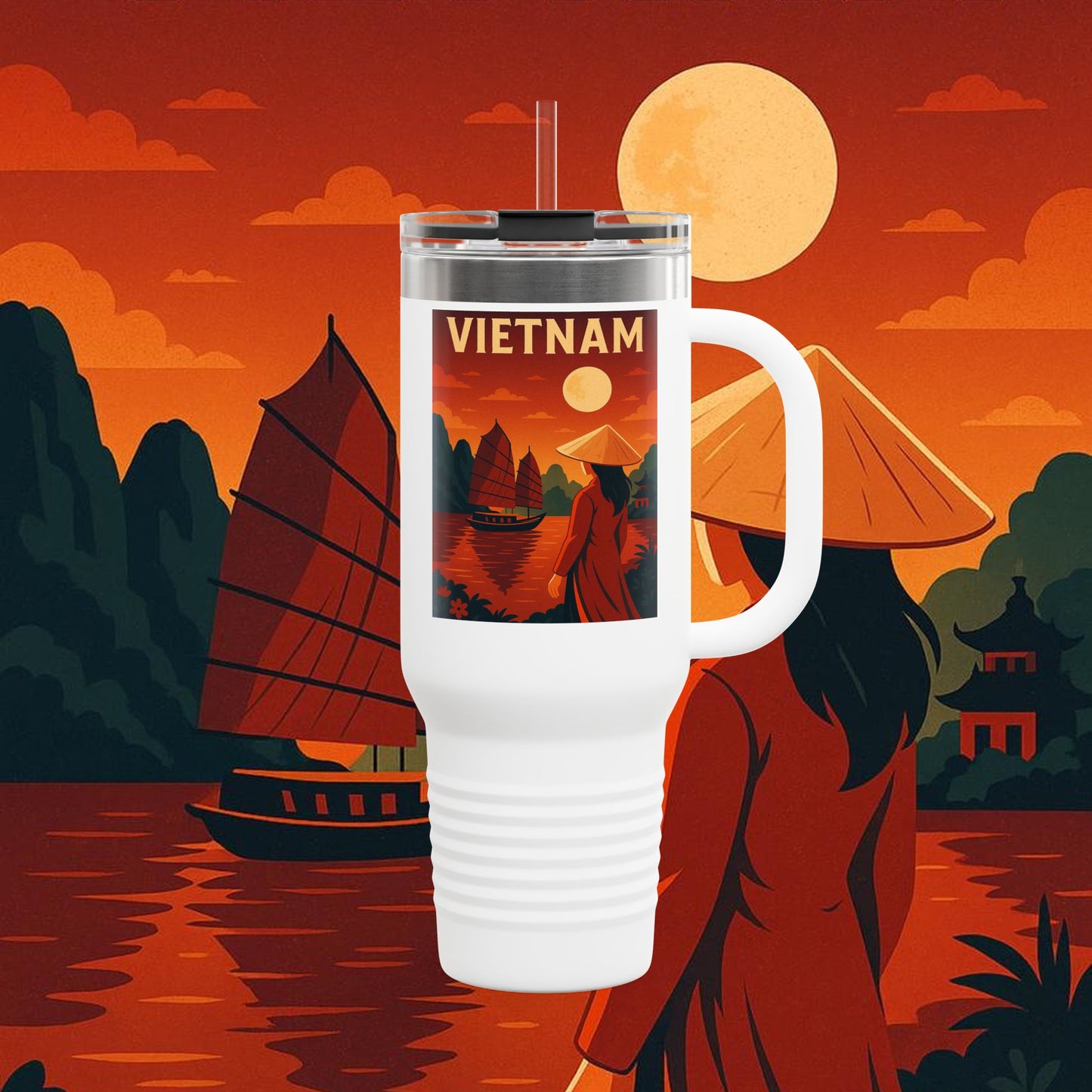 "Vietnam Insulated Travel Mug: Tradition, Nature, and Ancestral Legends 🎋🏯🐉"
