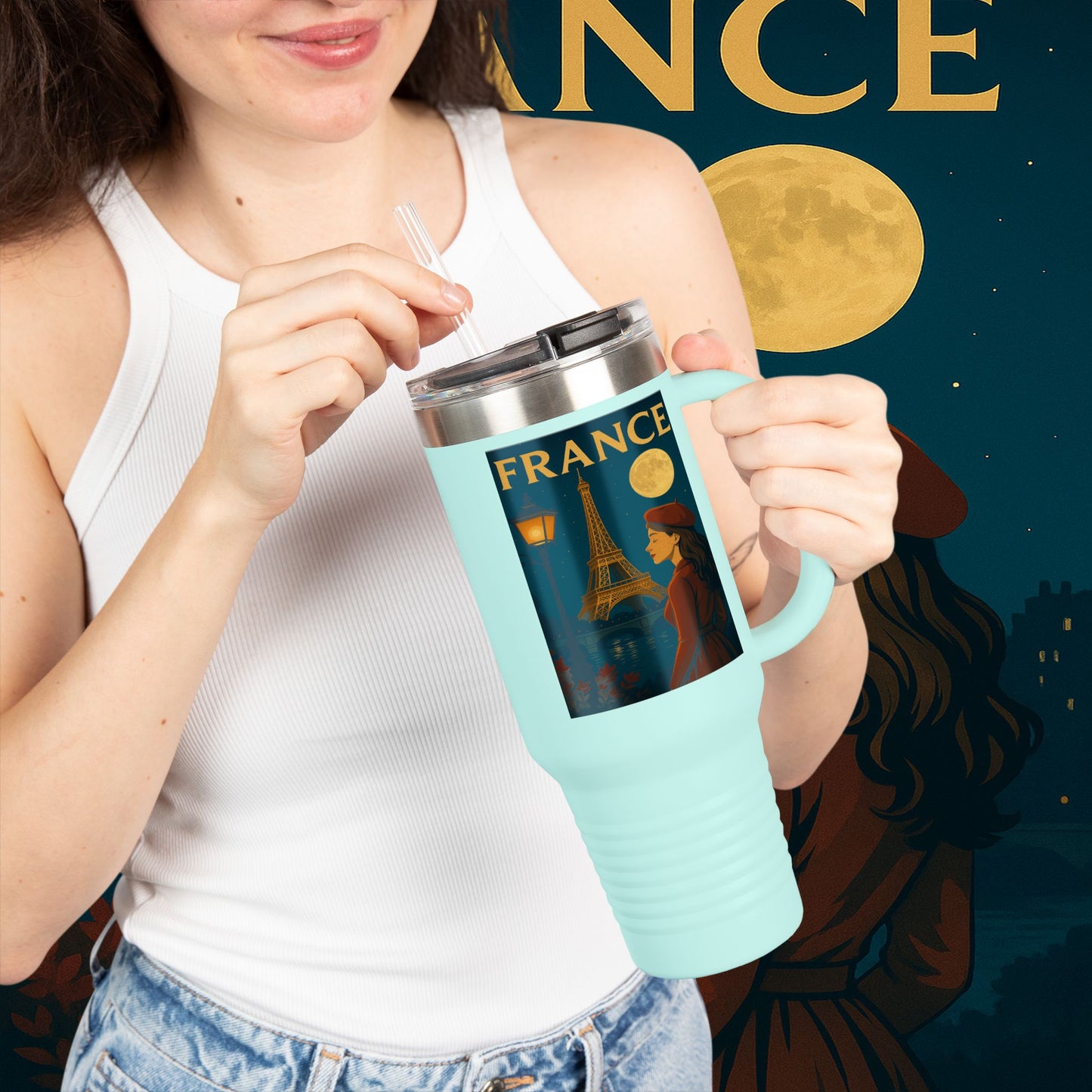 "France Insulated Travel Mug: Moonlit Romance 🌙🗼✨"