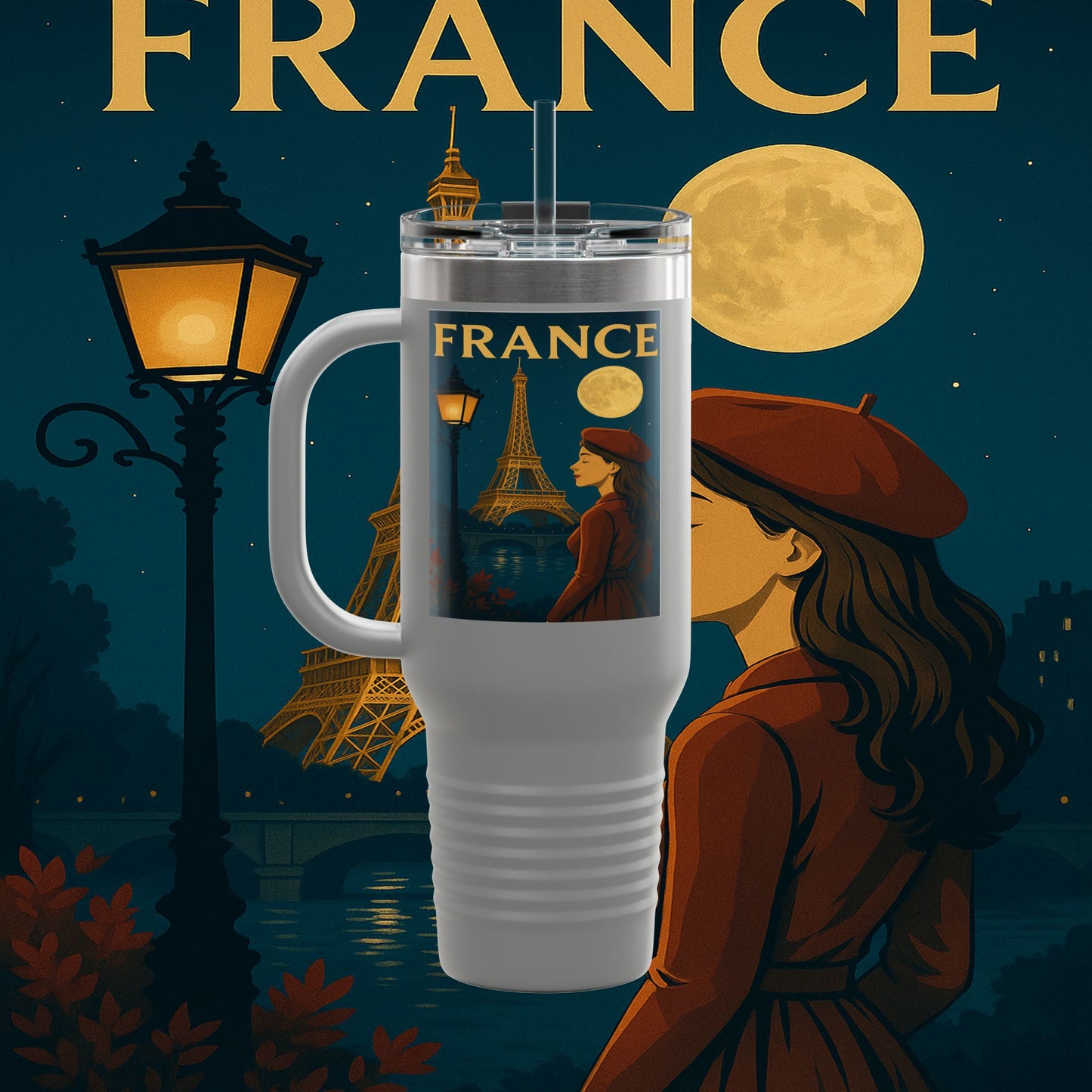 "France Insulated Travel Mug: Moonlit Romance 🌙🗼✨"