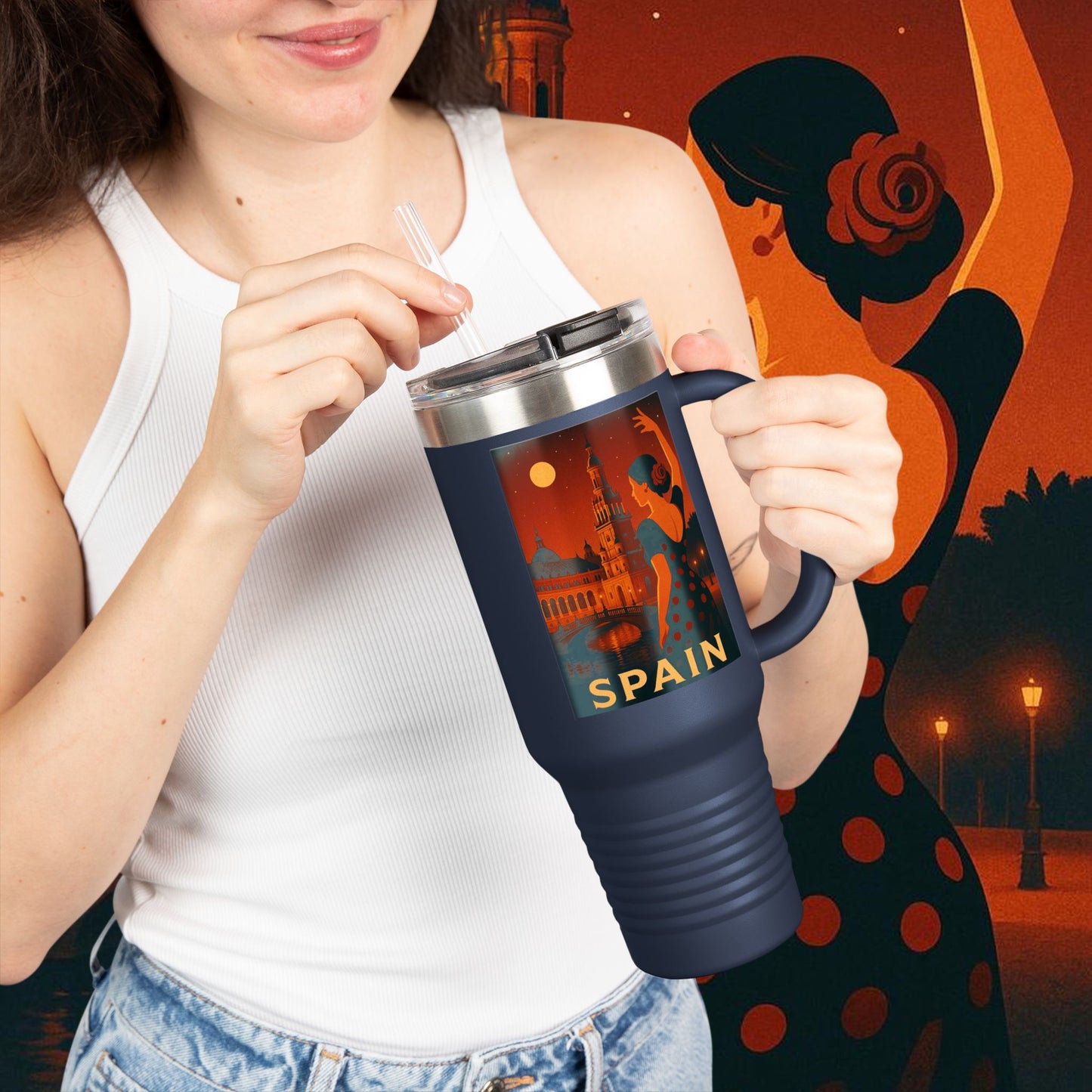 "Spain Insulated Travel Mug: Passion, Art, and Flavors that Make You Fall in Love 🎨💃🍷"