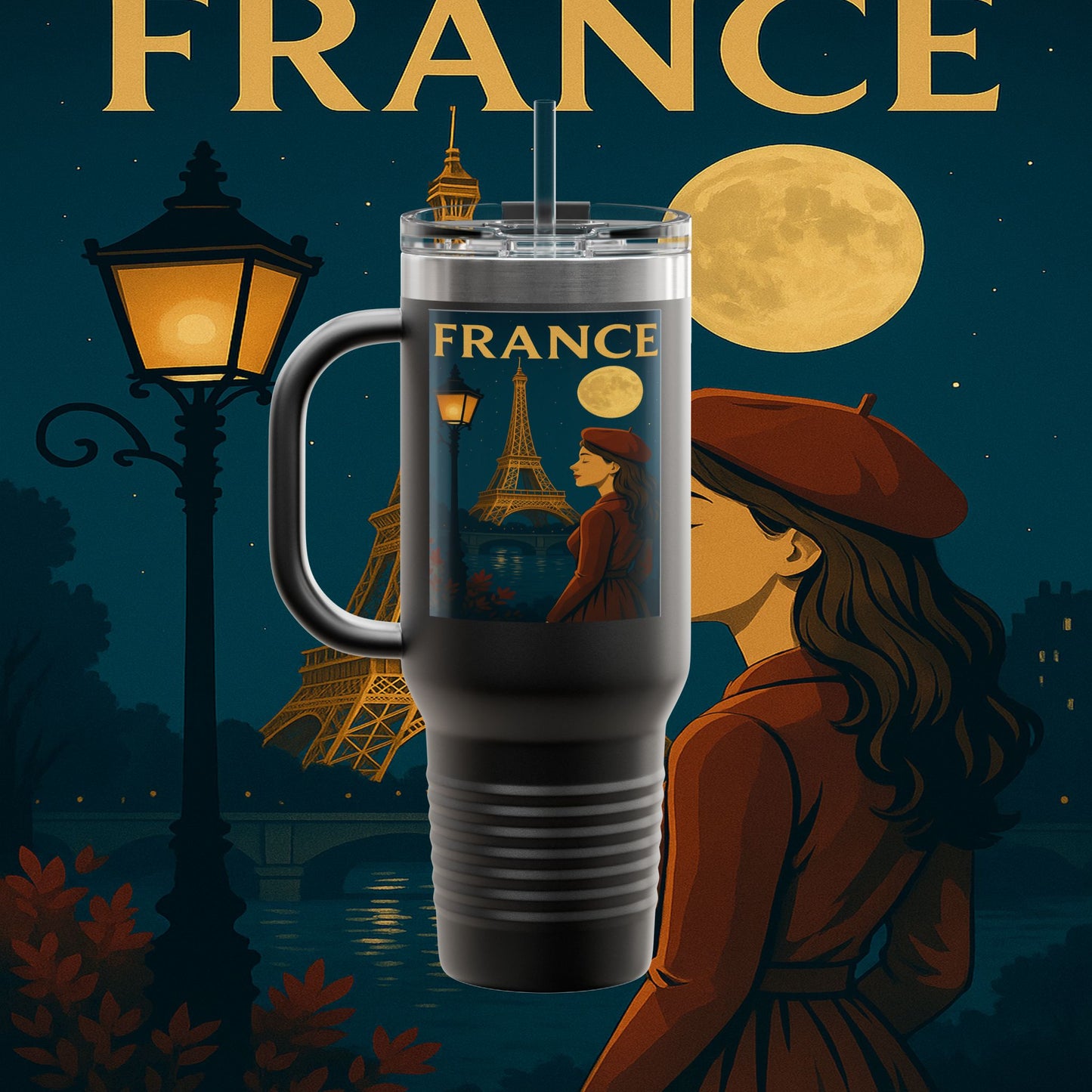 "France Insulated Travel Mug: Moonlit Romance 🌙🗼✨"