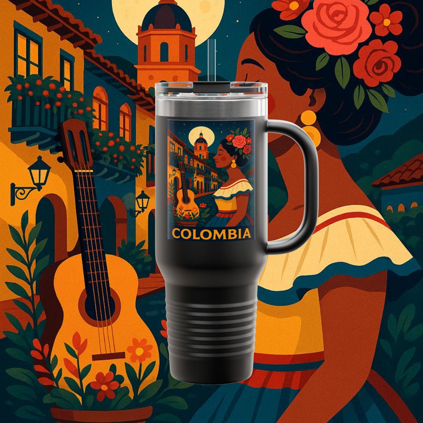 "taza de Viaje Aislada Colombia: Magia de Colores, Café y Tradición ☕🎨🌄"