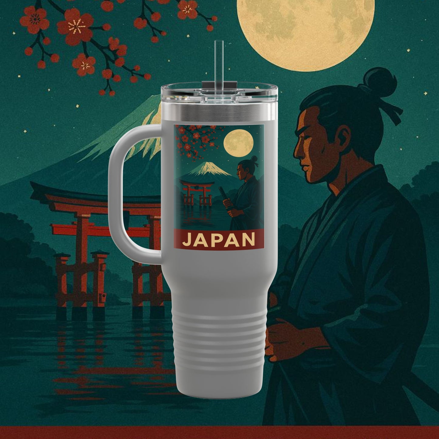 "Japan Insulated Travel Mug: Tradition among Cherry Blossoms and Mountains 🌸⛩️🗻"