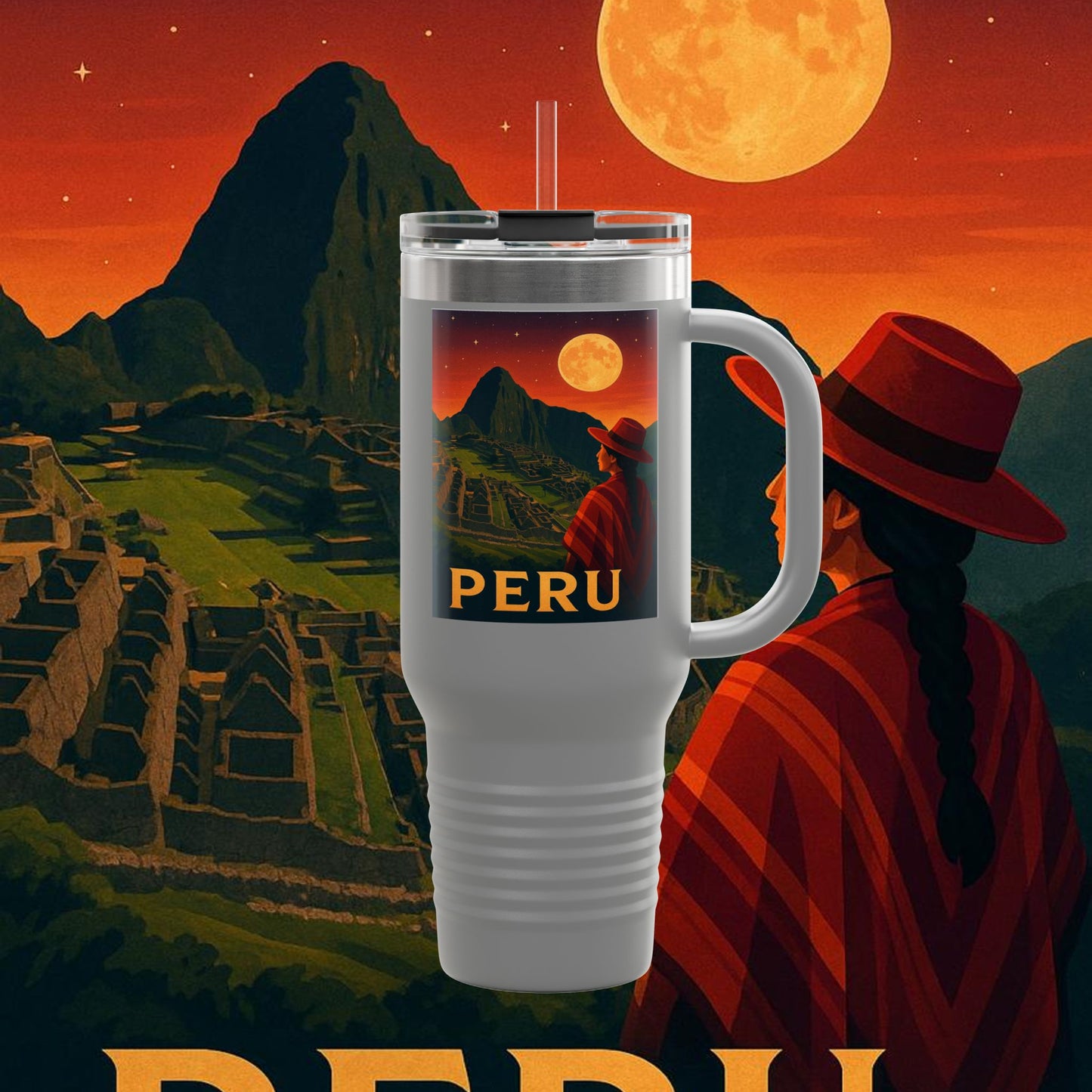 "Peru Insulated Travel Mug: Mysticism, History, and Eternal Wonders 🏔️🦙🛕"