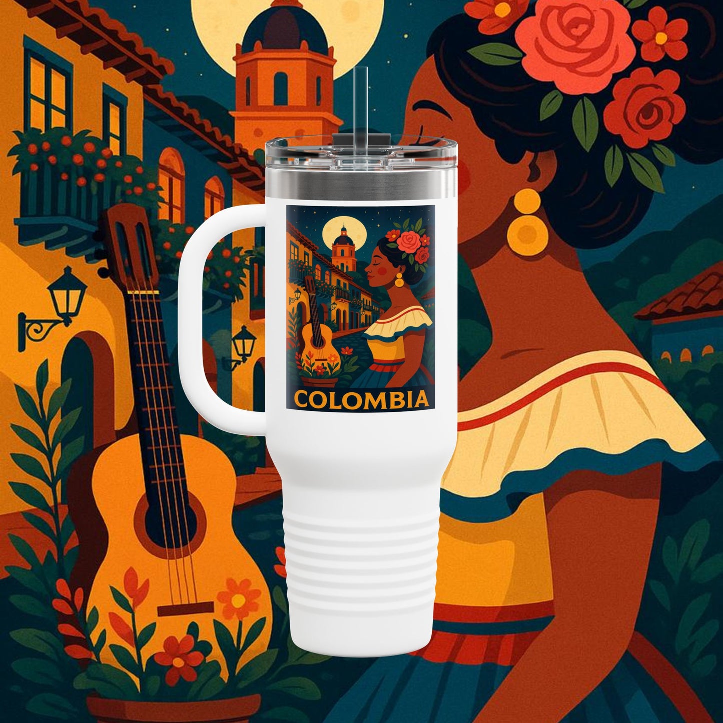 "taza de Viaje Aislada Colombia: Magia de Colores, Café y Tradición ☕🎨🌄"