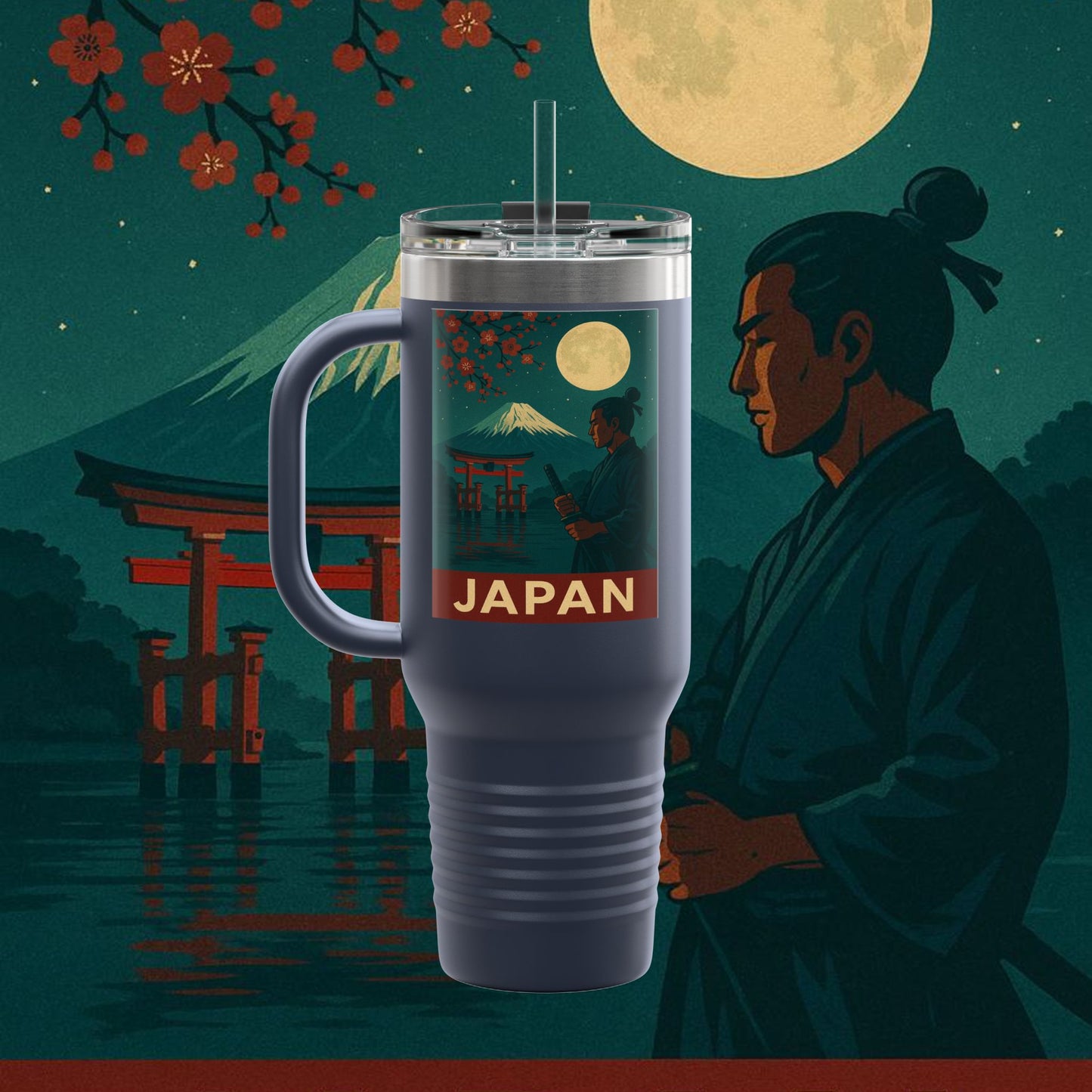 "Japan Insulated Travel Mug: Tradition among Cherry Blossoms and Mountains 🌸⛩️🗻"