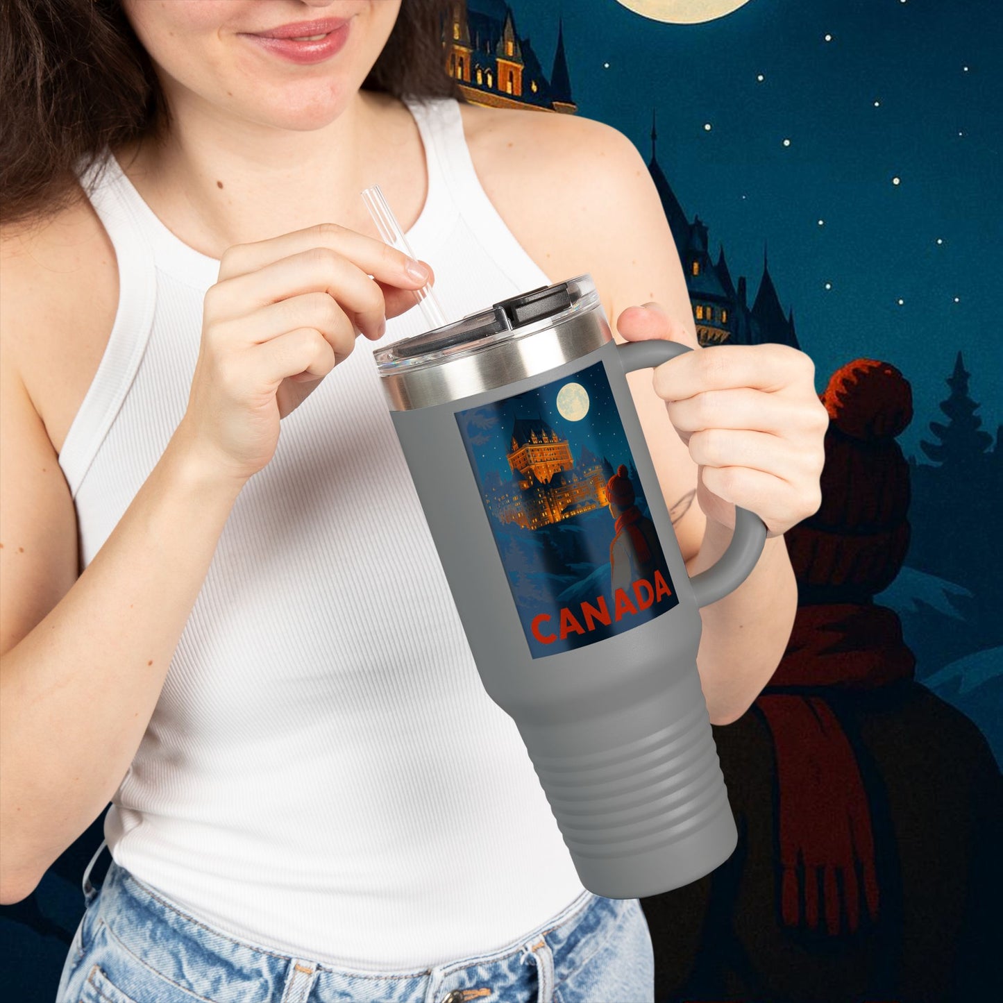 "Canada Insulated Travel Mug: Majestic Nature and Free Spirit 🍁🏞️🦌"