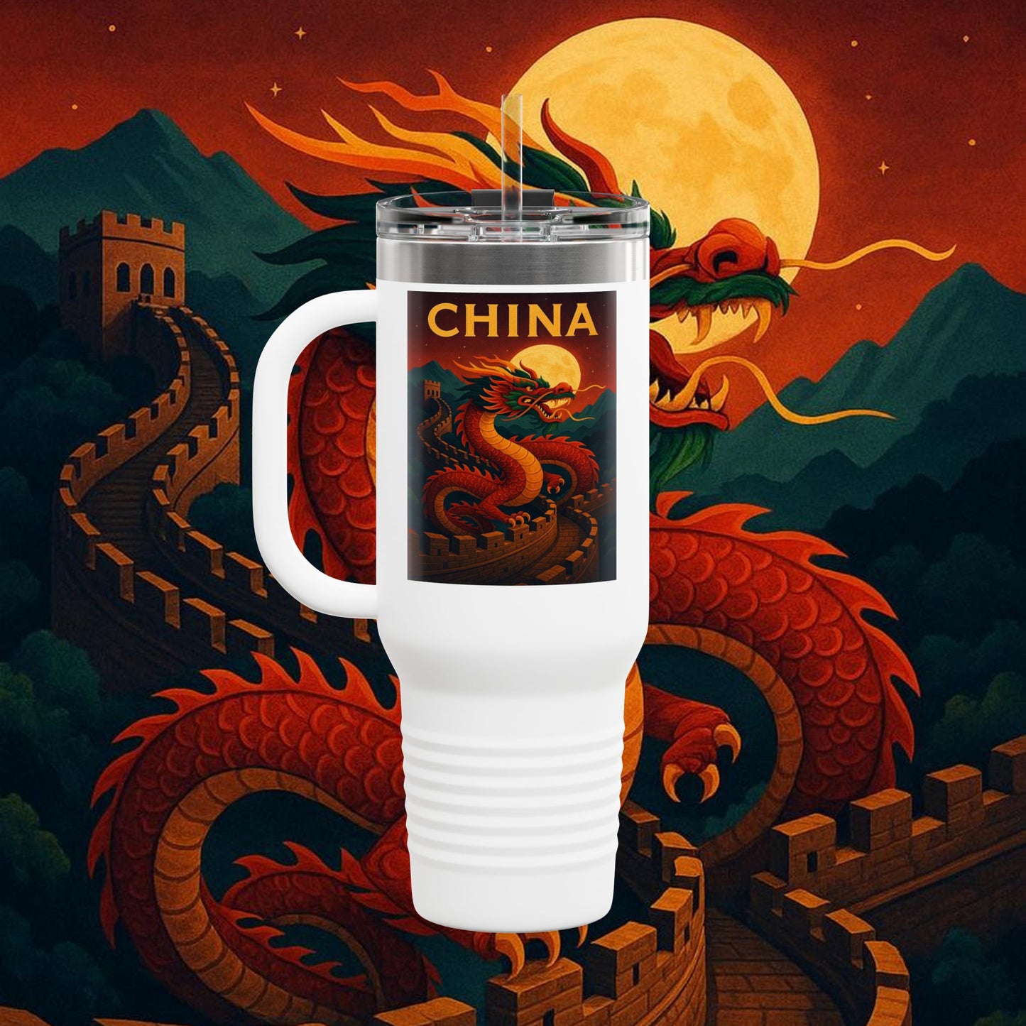 "China Insulated Travel Mug – Dragons, Walls, and Eternal Legends"
