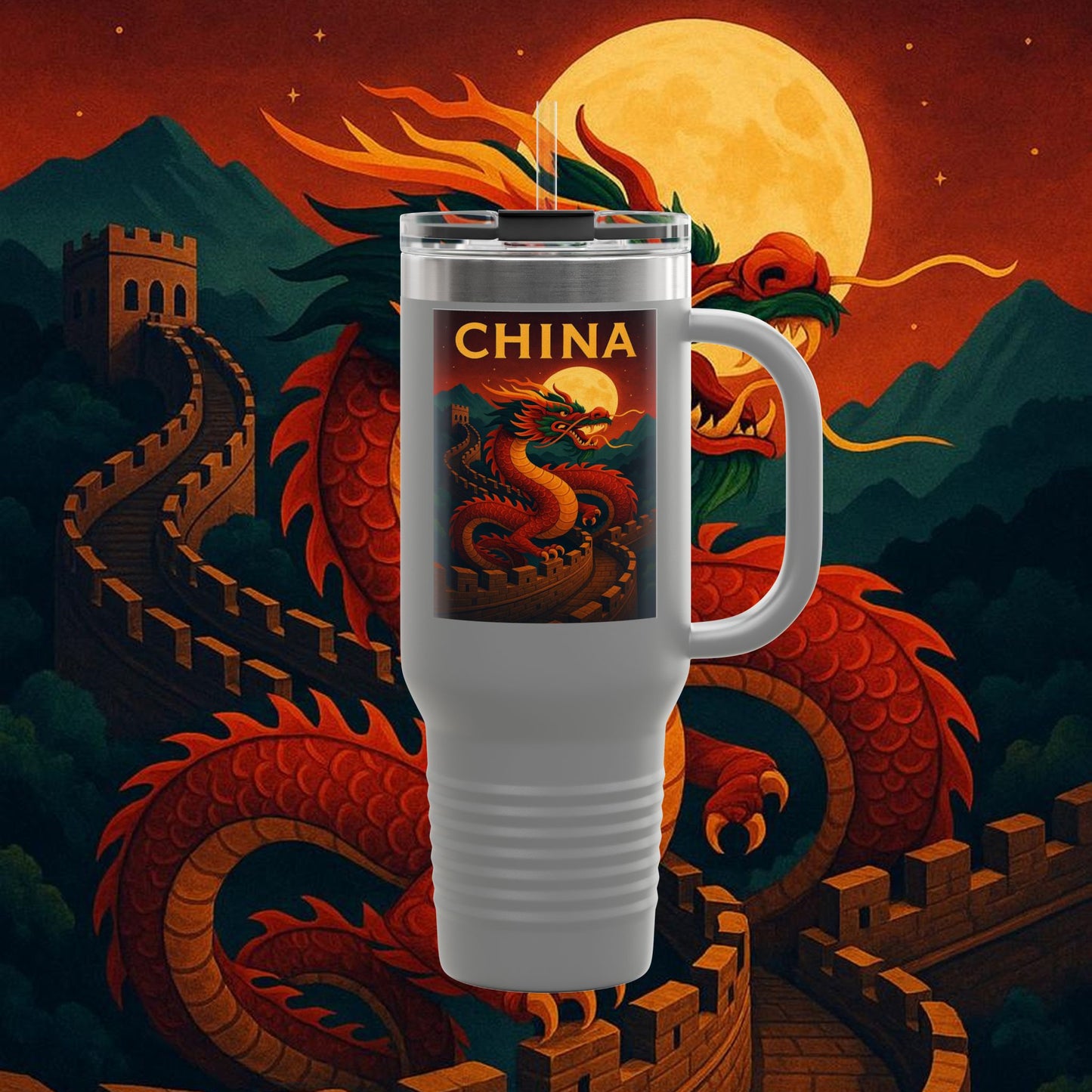 "China Insulated Travel Mug – Dragons, Walls, and Eternal Legends"