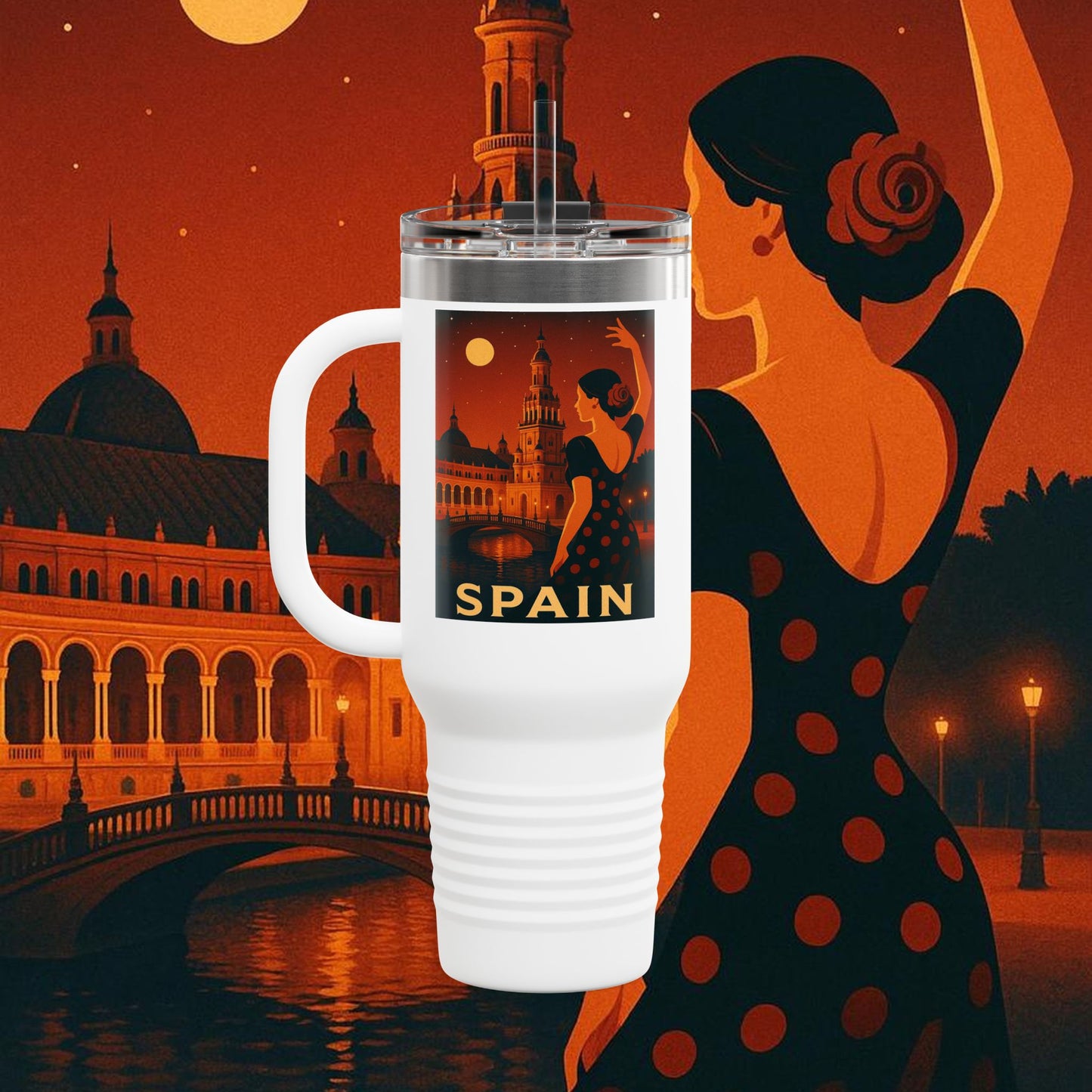 "Spain Insulated Travel Mug: Passion, Art, and Flavors that Make You Fall in Love 🎨💃🍷"