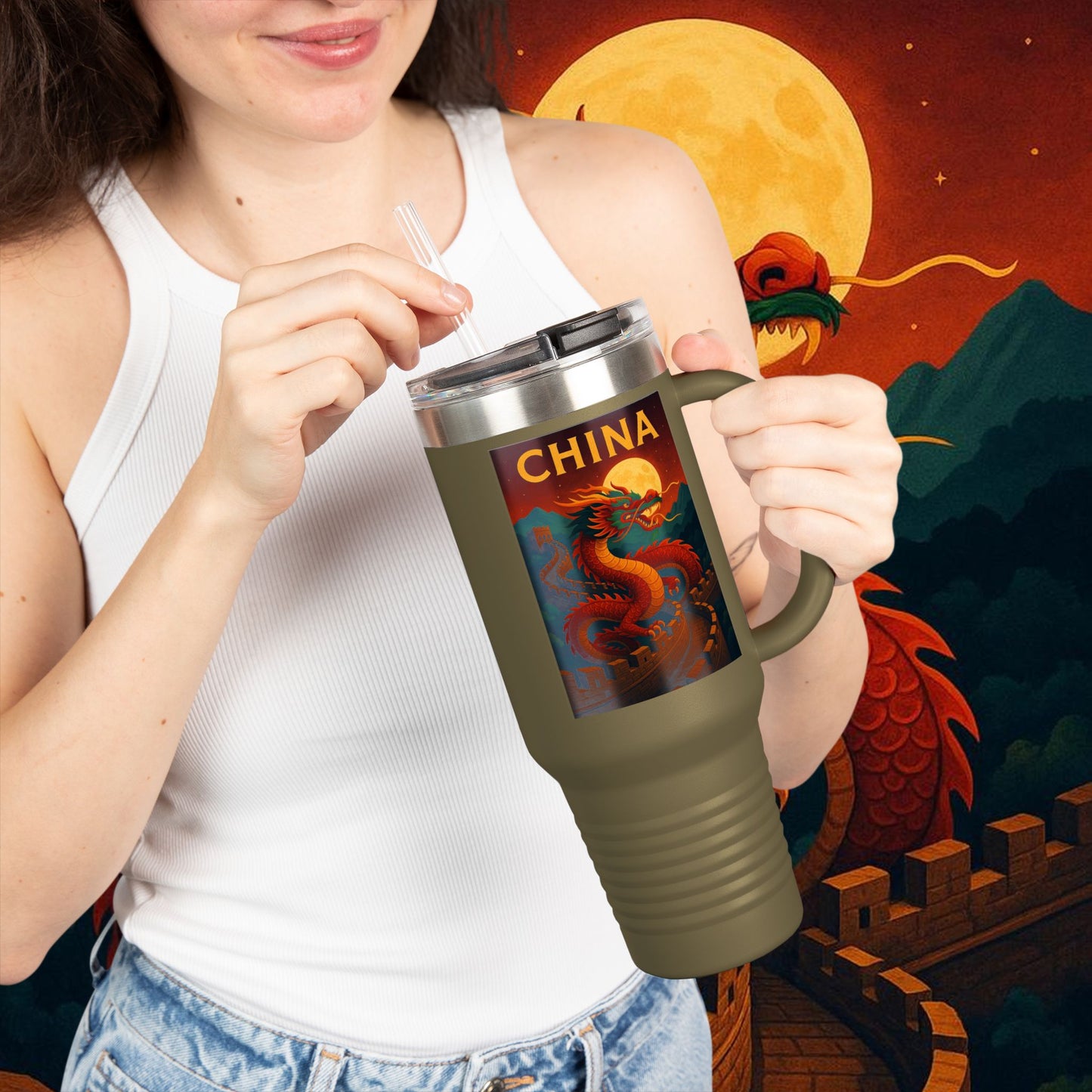 "China Insulated Travel Mug – Dragons, Walls, and Eternal Legends"