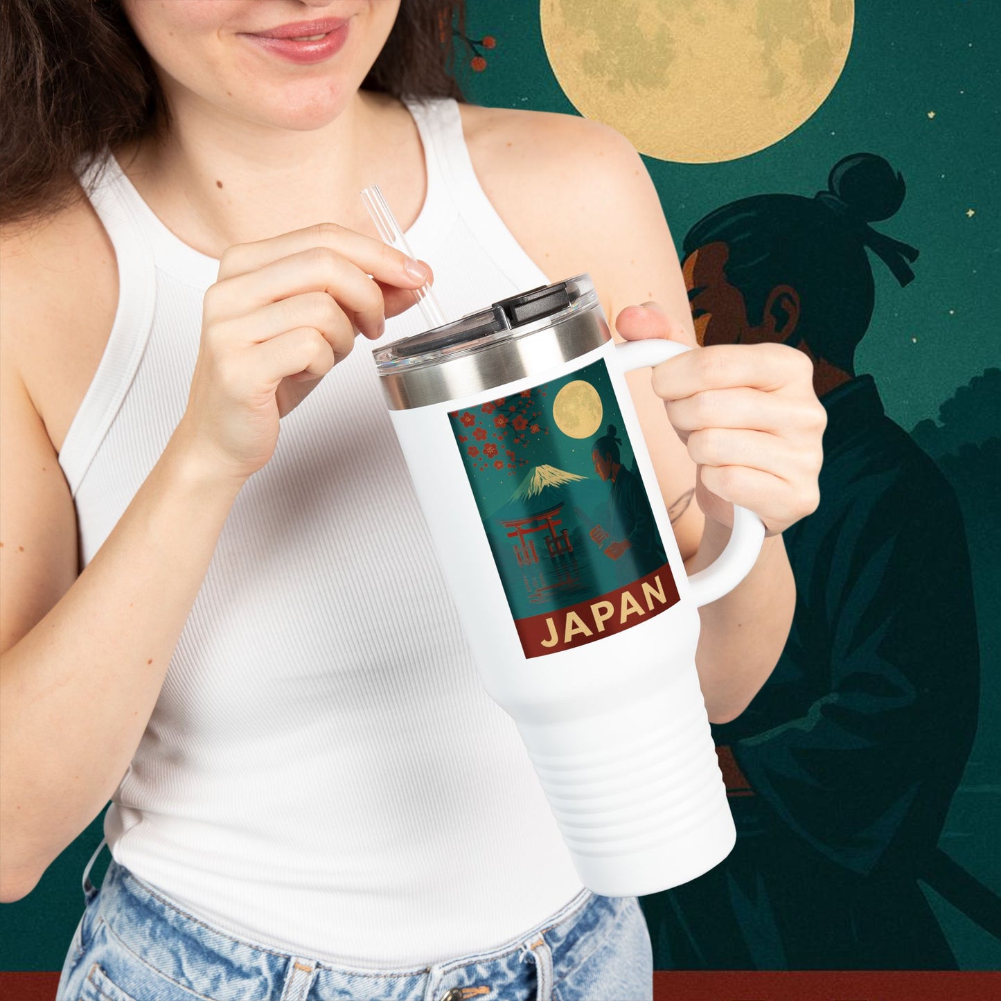 "Japan Insulated Travel Mug: Tradition among Cherry Blossoms and Mountains 🌸⛩️🗻"