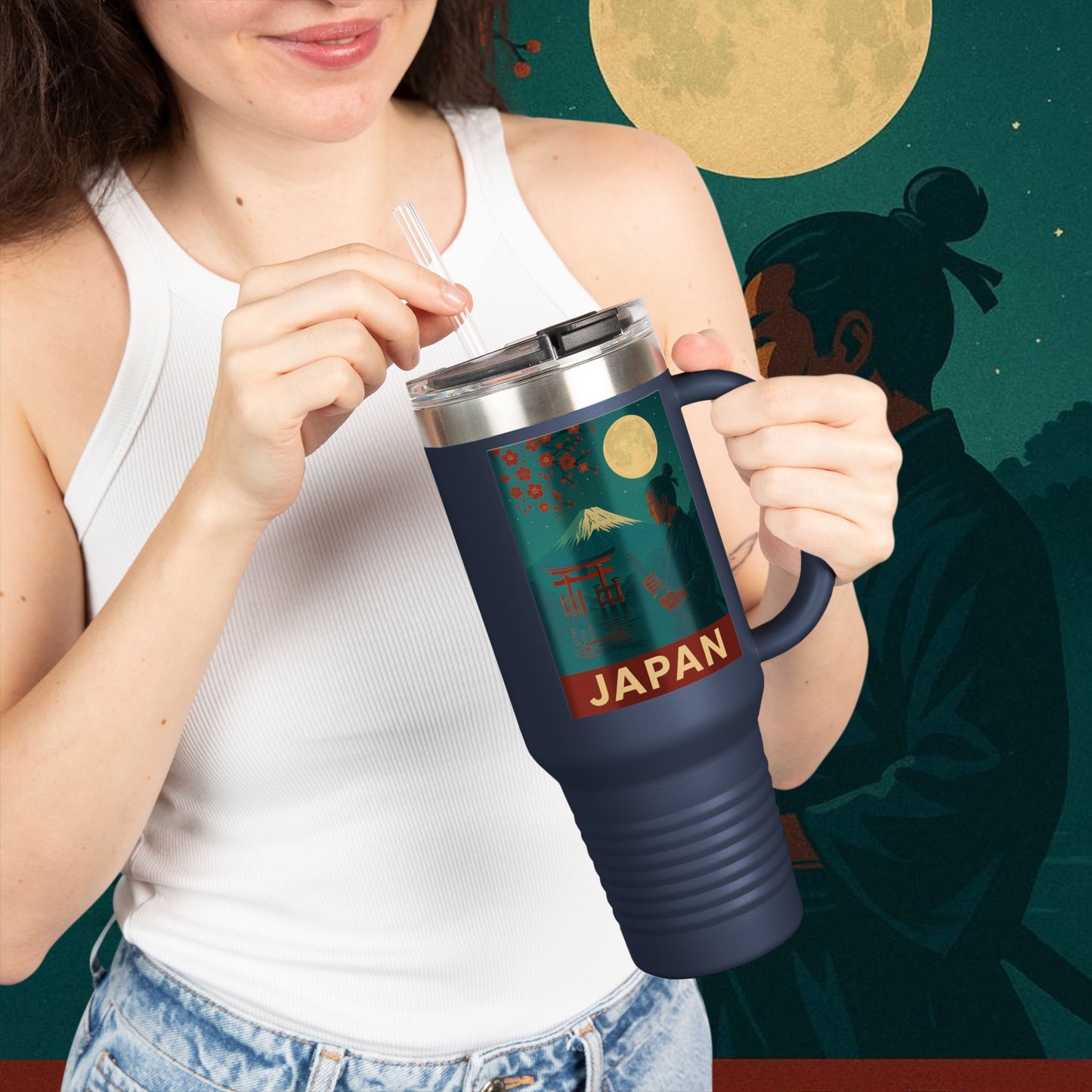 "Japan Insulated Travel Mug: Tradition among Cherry Blossoms and Mountains 🌸⛩️🗻"