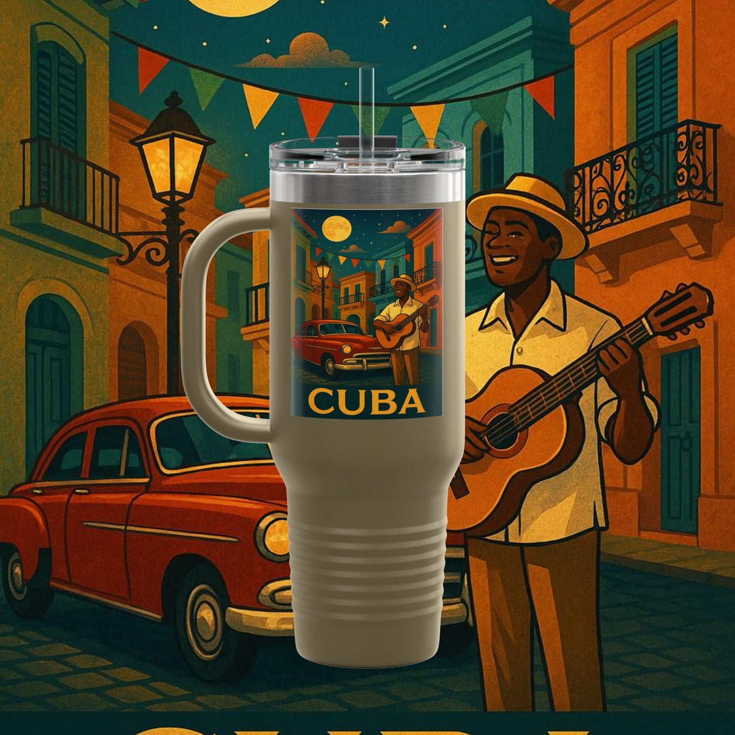"taza de Viaje Aislada Cuba: Ritmo, Historia y Encanto Caribeño 🎺🚗🌴 "