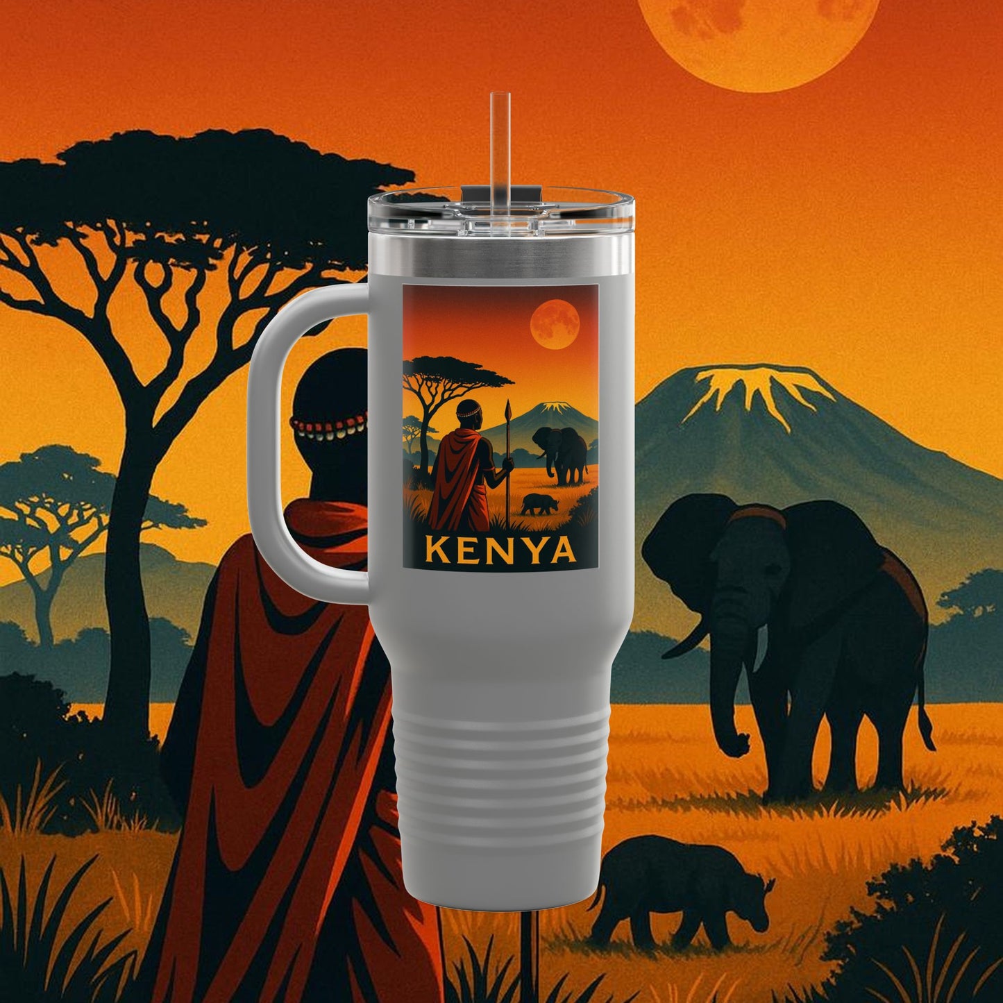 "Kenya Insulated Travel Mug: Wild Adventure and Land of Endless Horizons 🦁🌄🏕️"
