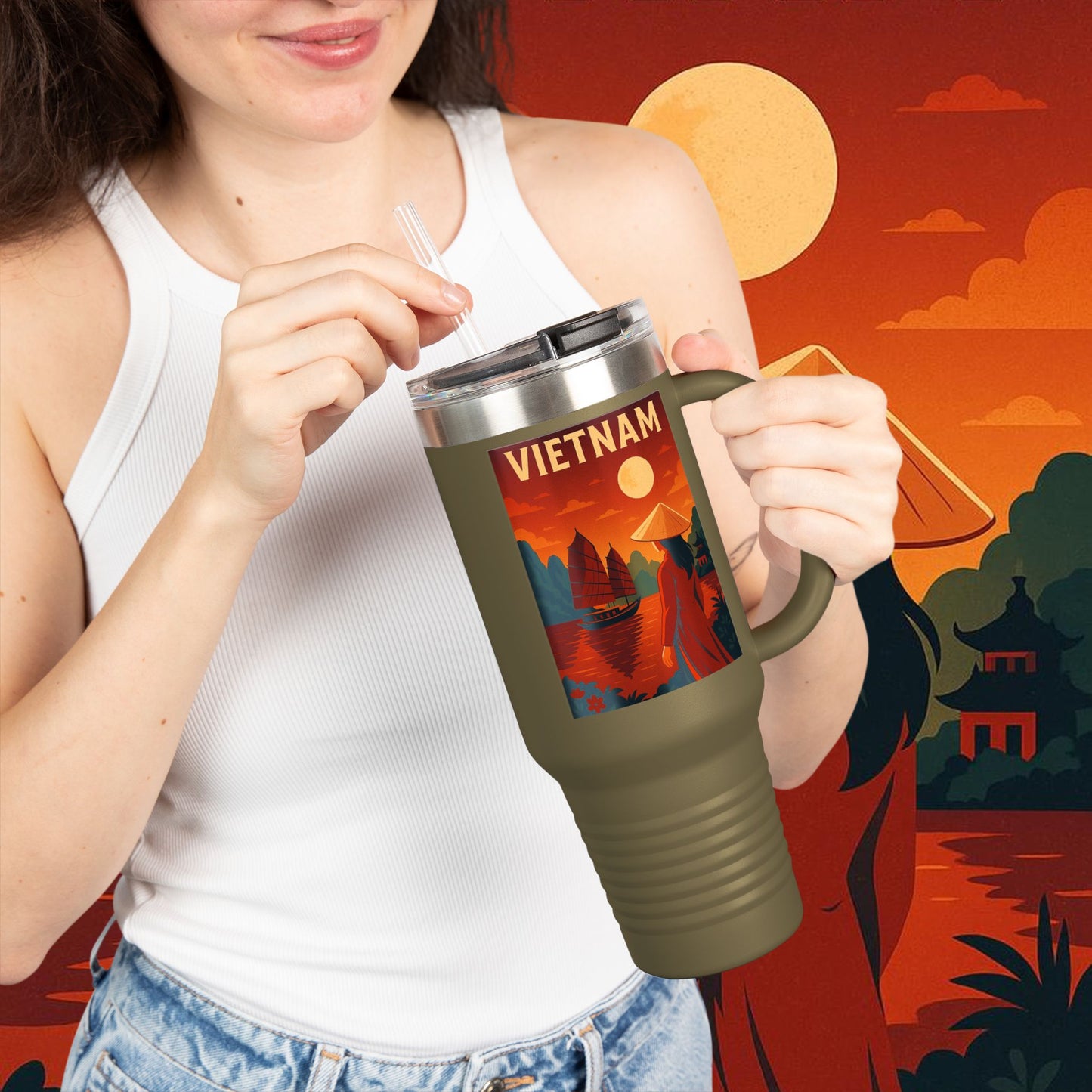 "Vietnam Insulated Travel Mug: Tradition, Nature, and Ancestral Legends 🎋🏯🐉"