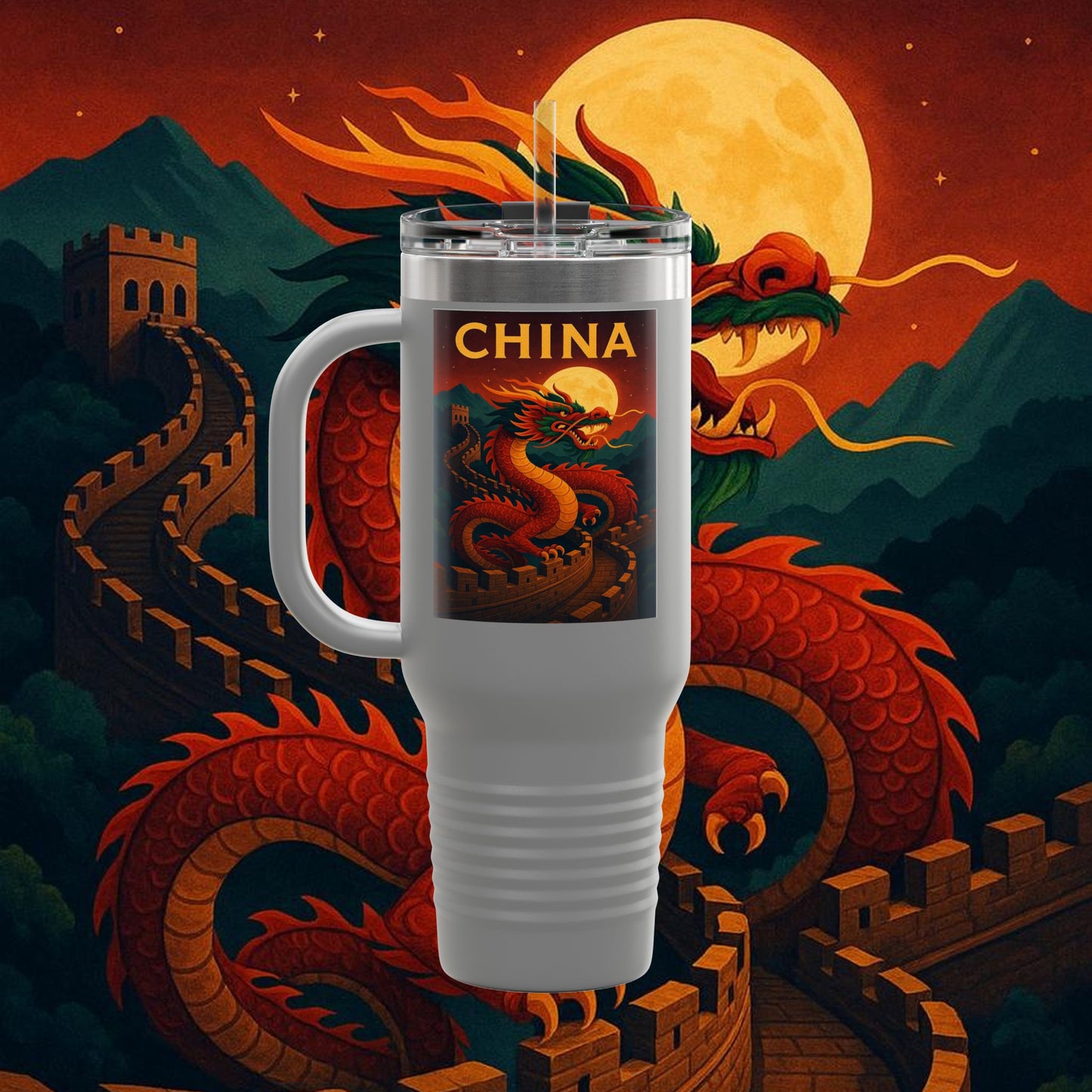 "China Insulated Travel Mug – Dragons, Walls, and Eternal Legends"