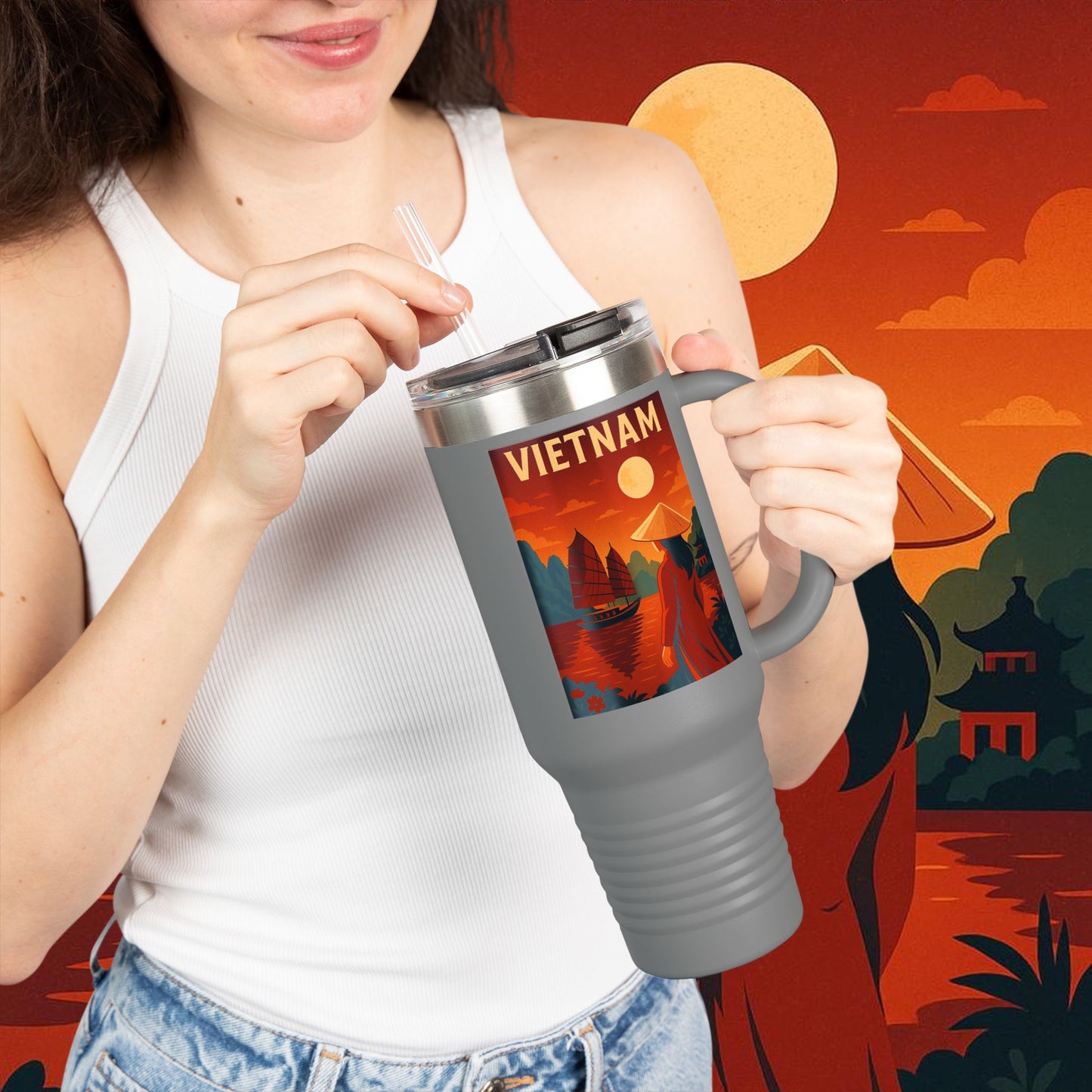 "Vietnam Insulated Travel Mug: Tradition, Nature, and Ancestral Legends 🎋🏯🐉"