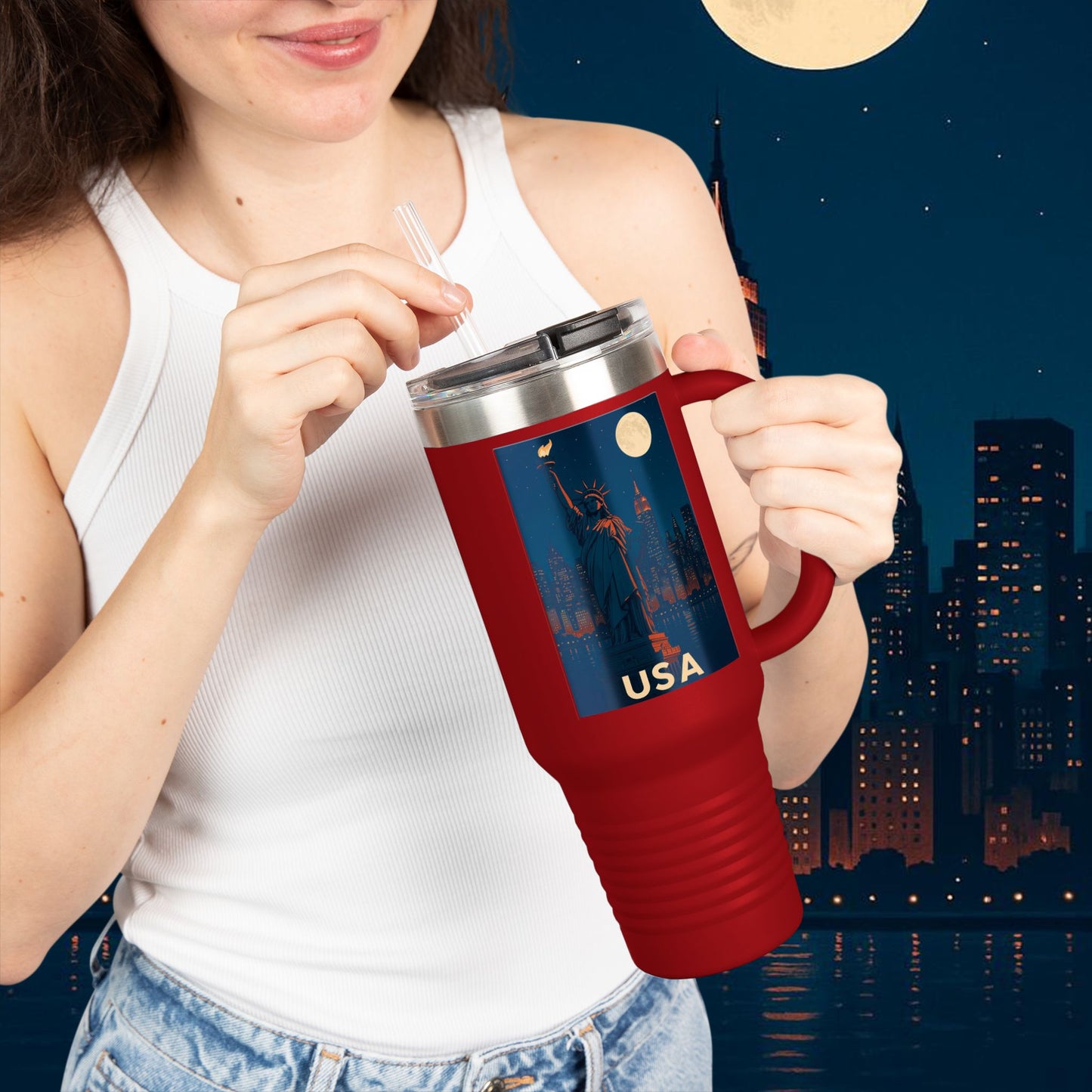 "taza de Viaje Aislada Estados Unidos: Sueños, Libertad y Grandes Horizontes 🗽🏜️🌆"