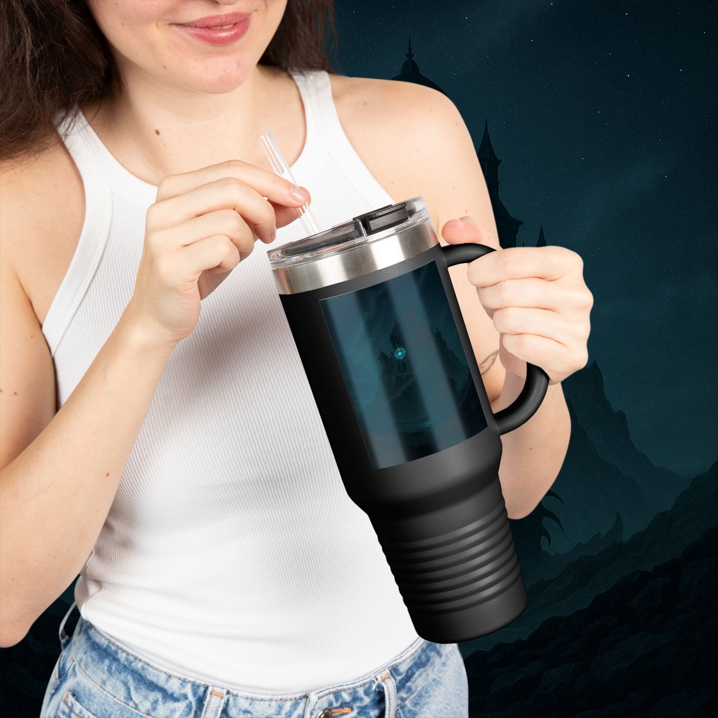 "Taza de viaje aislada 🏛️Fortaleza del Olvido"
