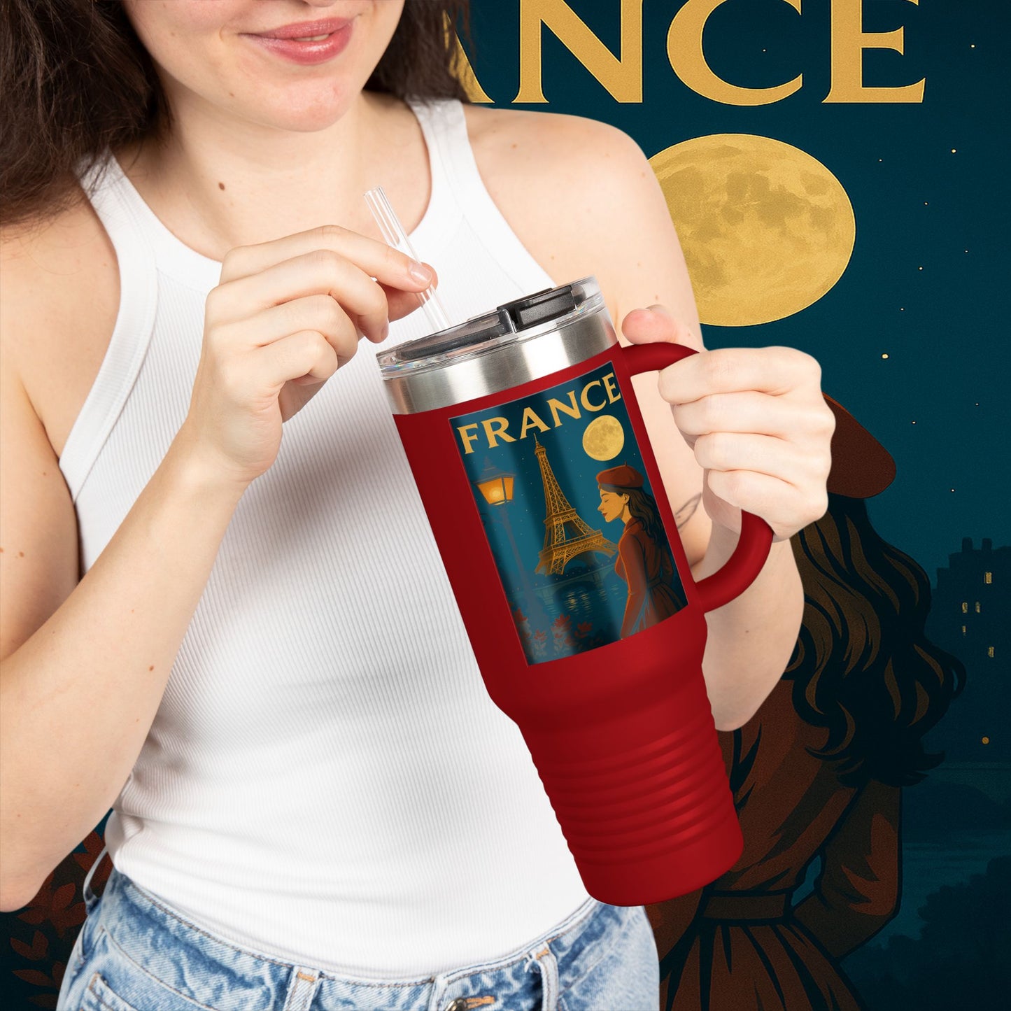 "France Insulated Travel Mug: Moonlit Romance 🌙🗼✨"
