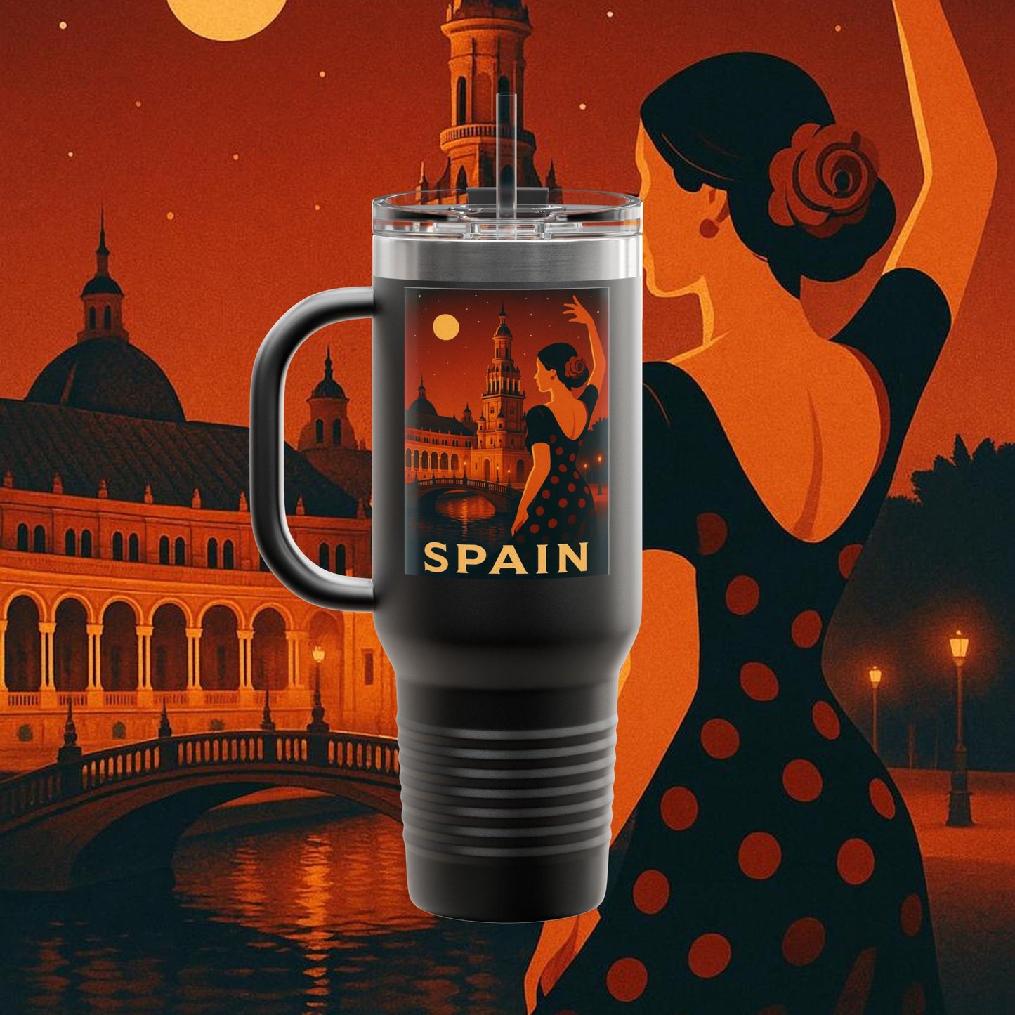 "Spain Insulated Travel Mug: Passion, Art, and Flavors that Make You Fall in Love 🎨💃🍷"
