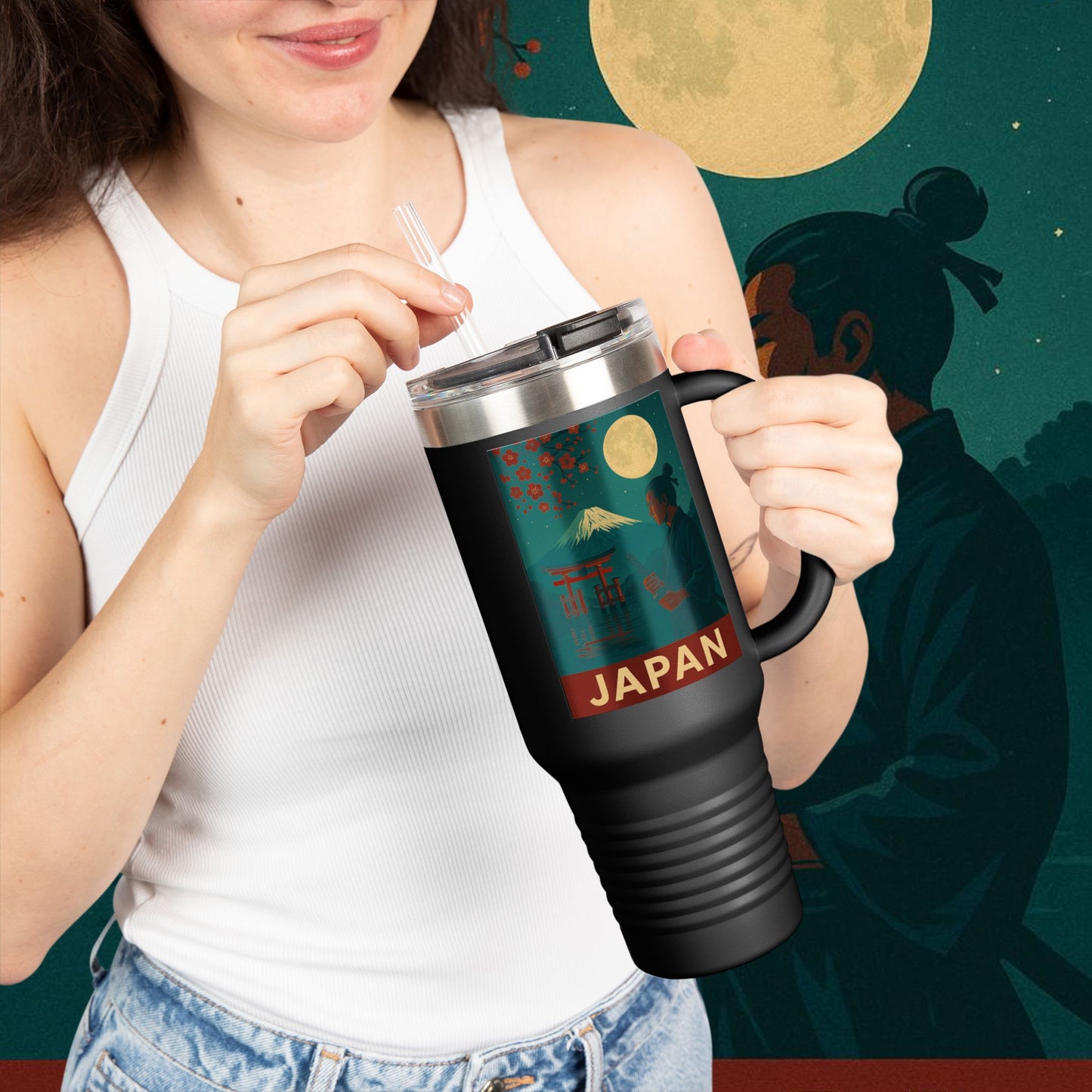 "Japan Insulated Travel Mug: Tradition among Cherry Blossoms and Mountains 🌸⛩️🗻"