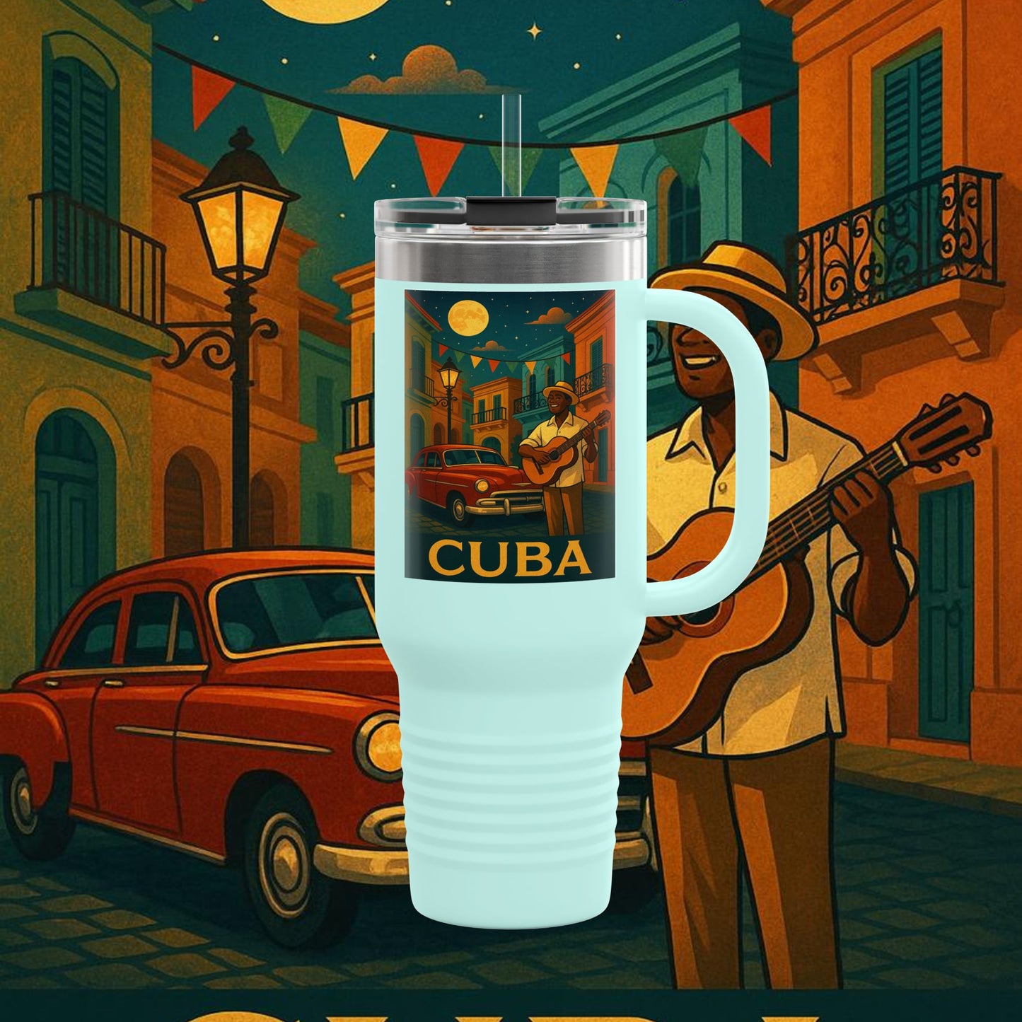 "taza de Viaje Aislada Cuba: Ritmo, Historia y Encanto Caribeño 🎺🚗🌴 "
