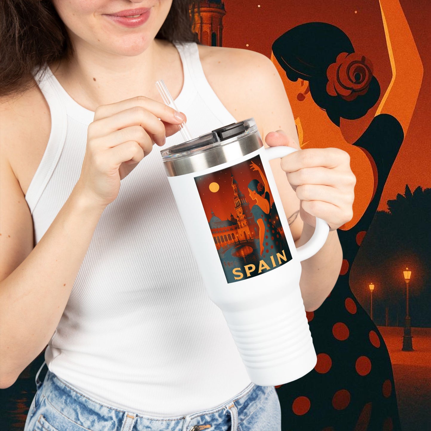 "Spain Insulated Travel Mug: Passion, Art, and Flavors that Make You Fall in Love 🎨💃🍷"