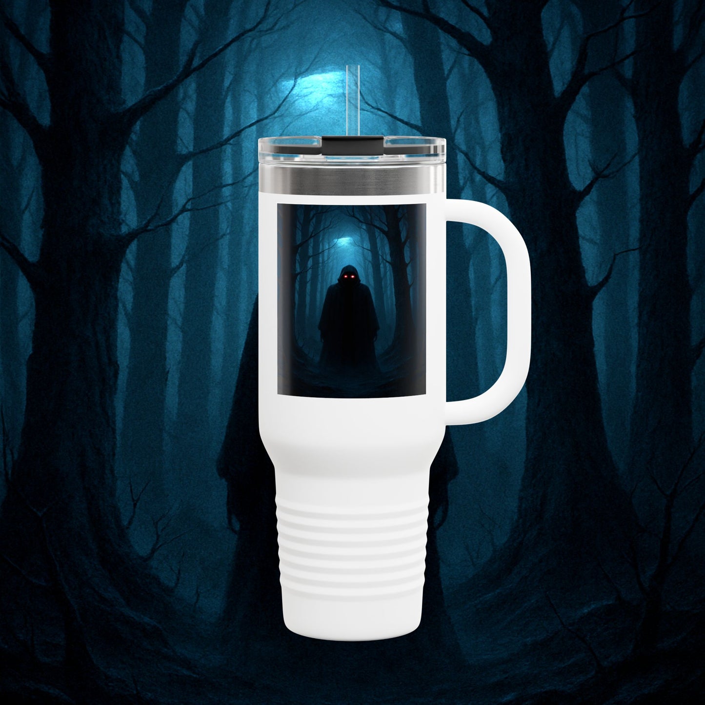"Taza de viaje aislada 🖤 El Vigía del Bosque Oscuro"