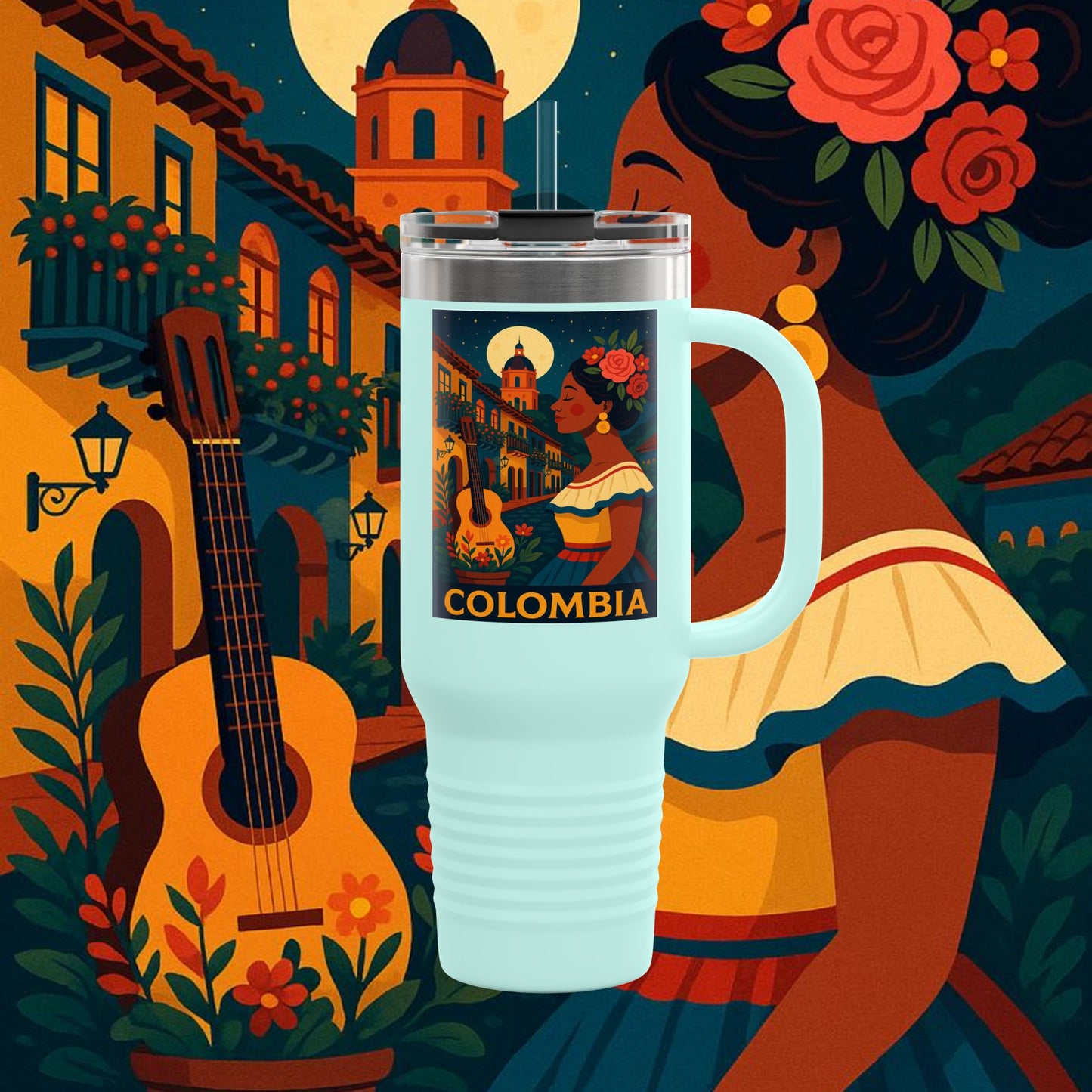 "taza de Viaje Aislada Colombia: Magia de Colores, Café y Tradición ☕🎨🌄"