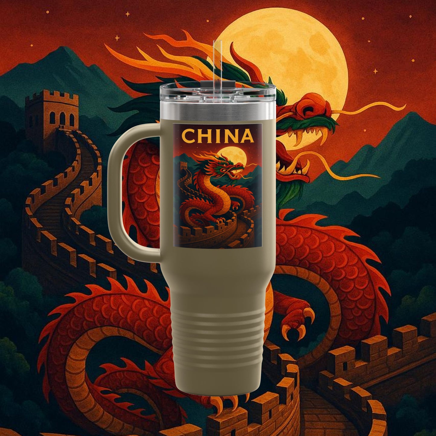 "China Insulated Travel Mug – Dragons, Walls, and Eternal Legends"