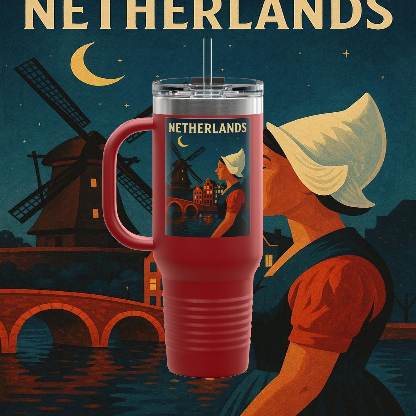"Netherlands Insulated Travel Mug✨ – Land of tulips, windmills, and magical canals"
