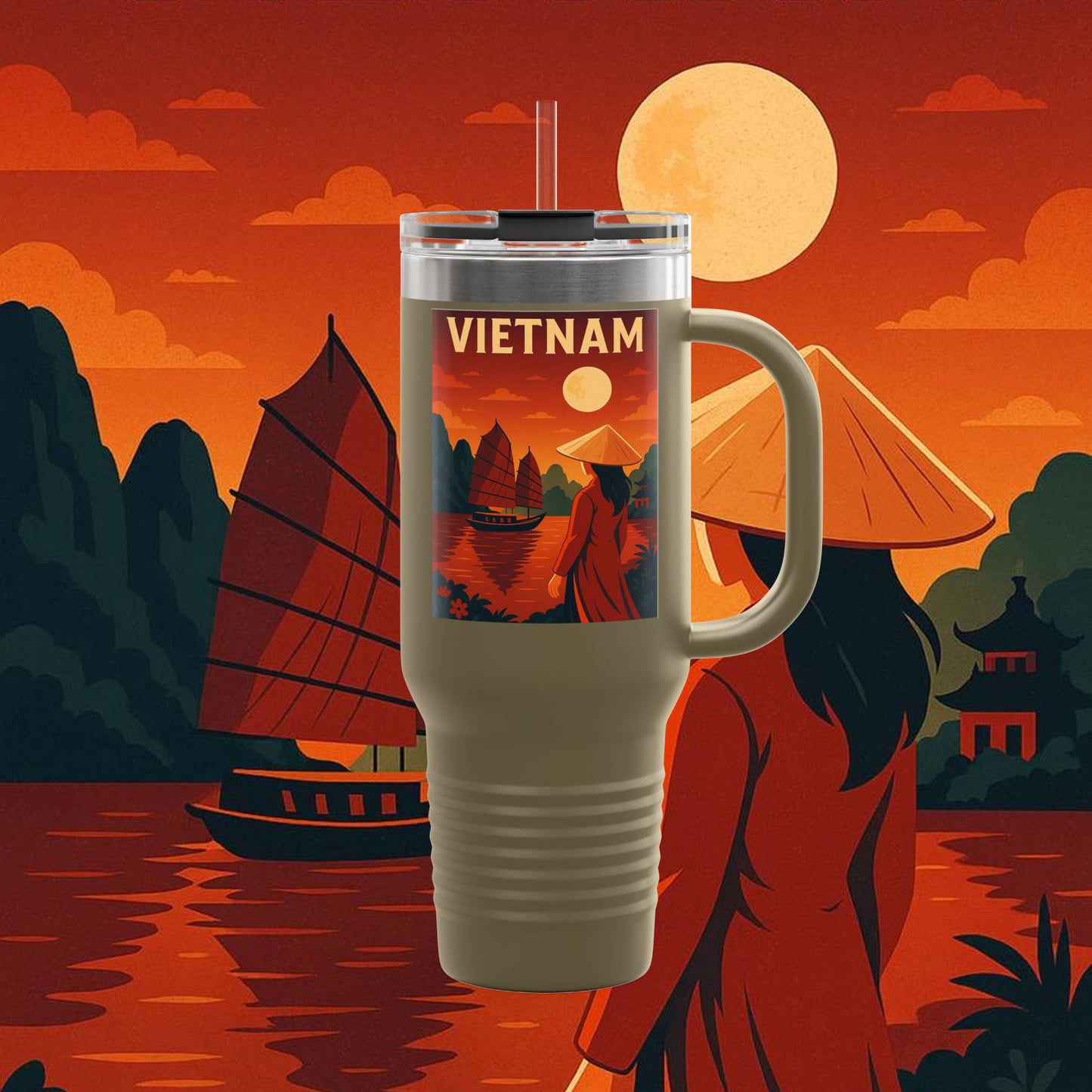 "Vietnam Insulated Travel Mug: Tradition, Nature, and Ancestral Legends 🎋🏯🐉"