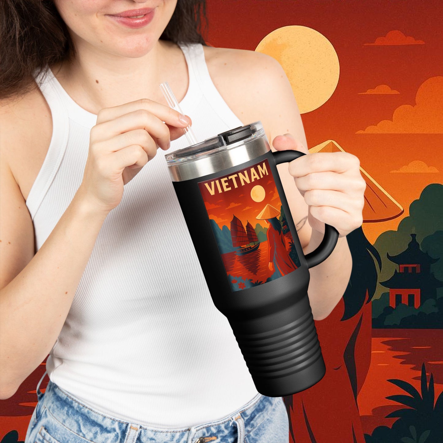 "Vietnam Insulated Travel Mug: Tradition, Nature, and Ancestral Legends 🎋🏯🐉"