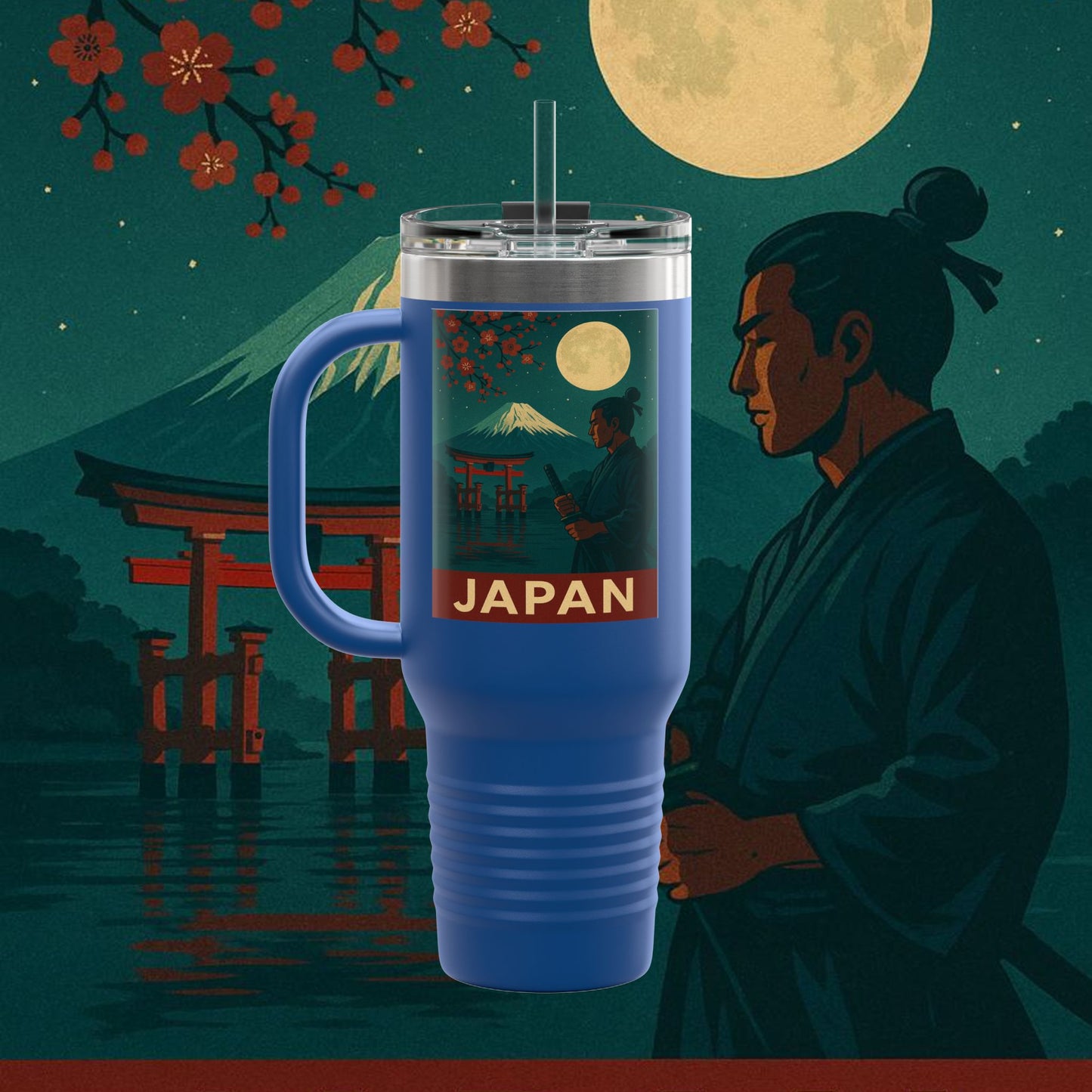 "Japan Insulated Travel Mug: Tradition among Cherry Blossoms and Mountains 🌸⛩️🗻"
